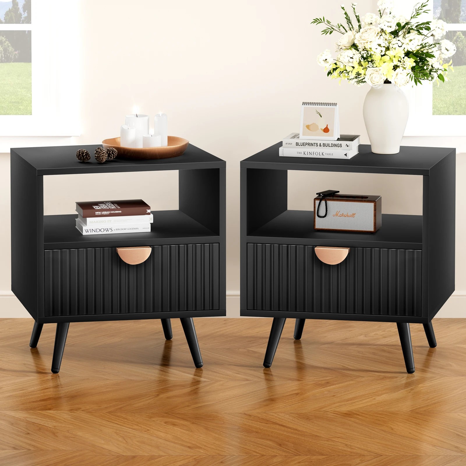 2 Alfordson 2x Bedside Table 1 Drawer Side Storage Shelf Nightstand - Black, 2 of 10