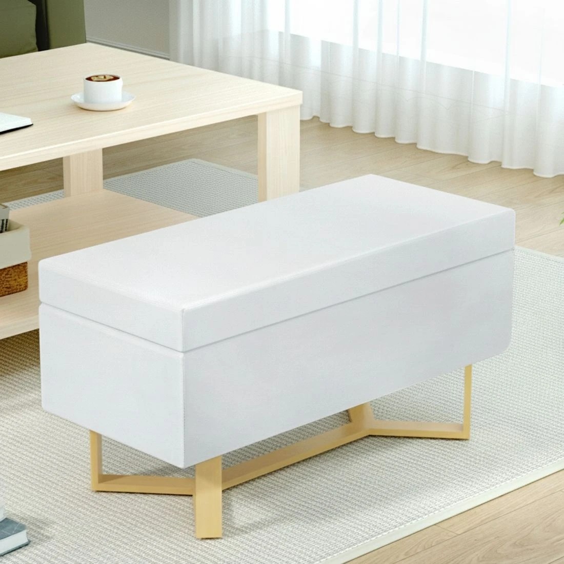 3 Artiss Storage Ottoman Blanket Box Criss-cross Linen - White, 3 of 6