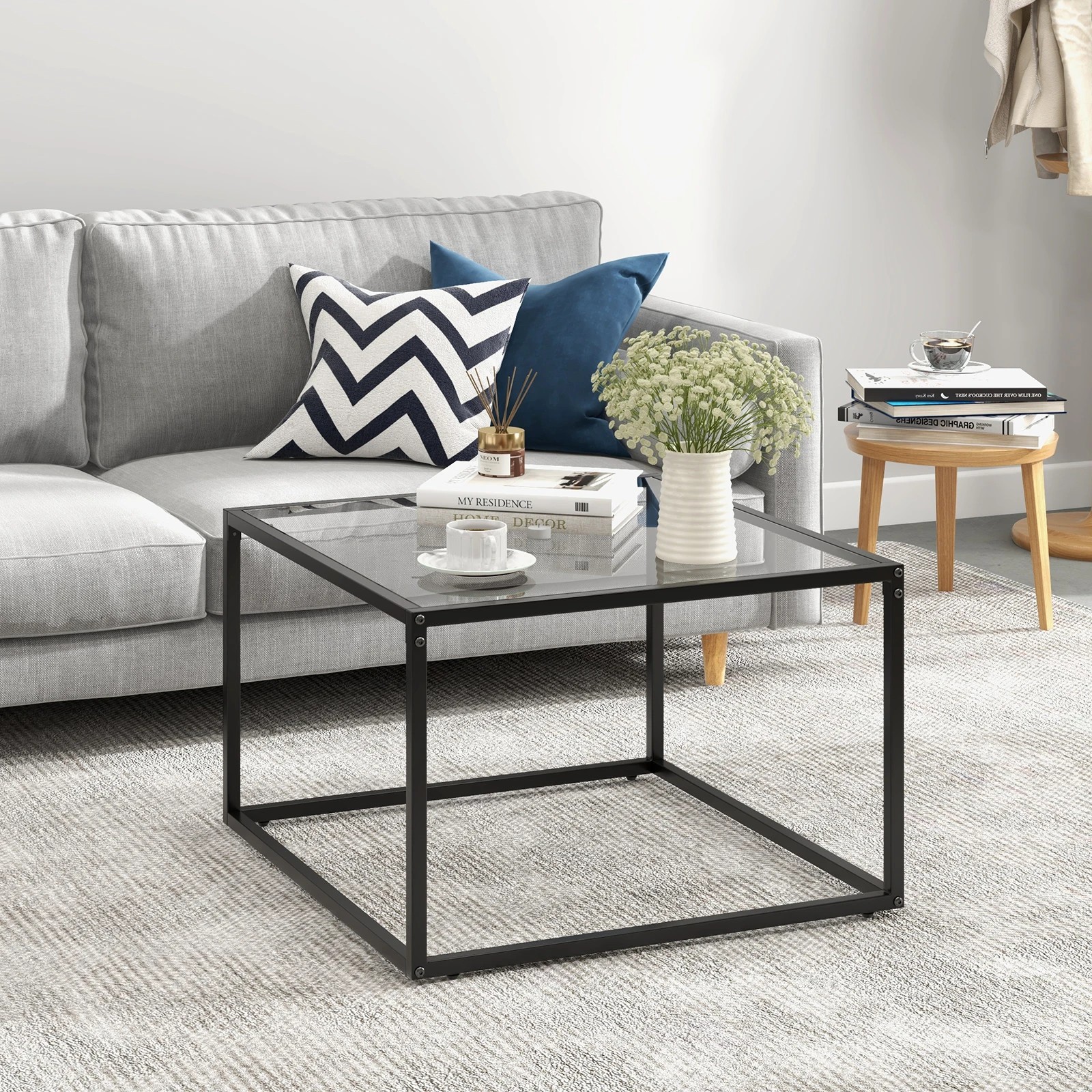 2 Costway 2-Tier Coffee Table Square Side Table Glass Tabletop, 2 of 4