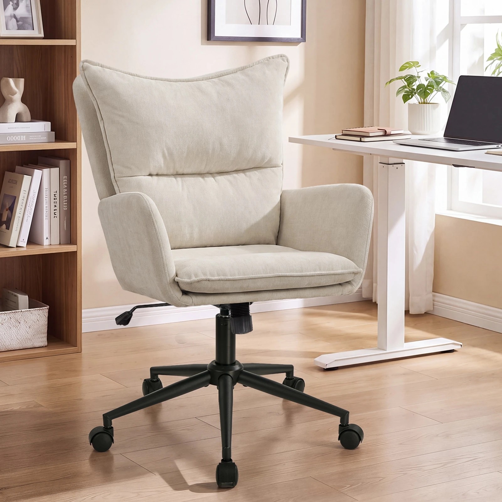 3 Oikiture Mid Back Office Chair Swivel Desk Chair Wide Seat Armrest - Beige, 3 of 7