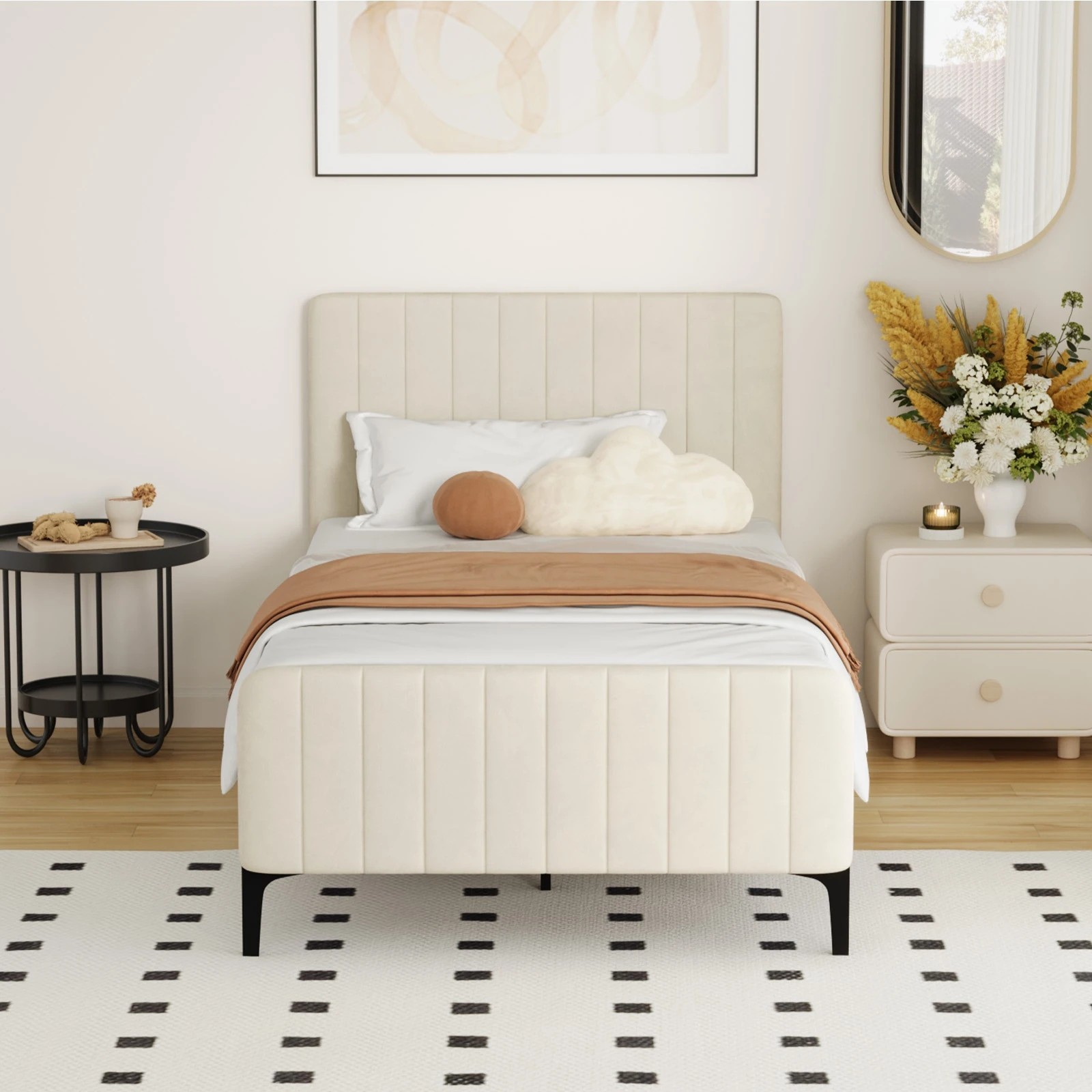 3 Oikiture King Single Bed Frame Beds Platform Velvet
 - Beige, 3 of 10