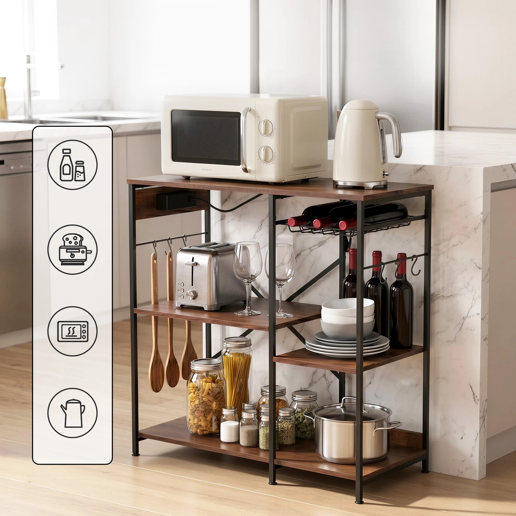 4 Artiss 3-Tier Kitchen Bakers Rack with 2 Power Outlets Microwave Stand 6 Hooks 90CM - Brown, 4 of 9