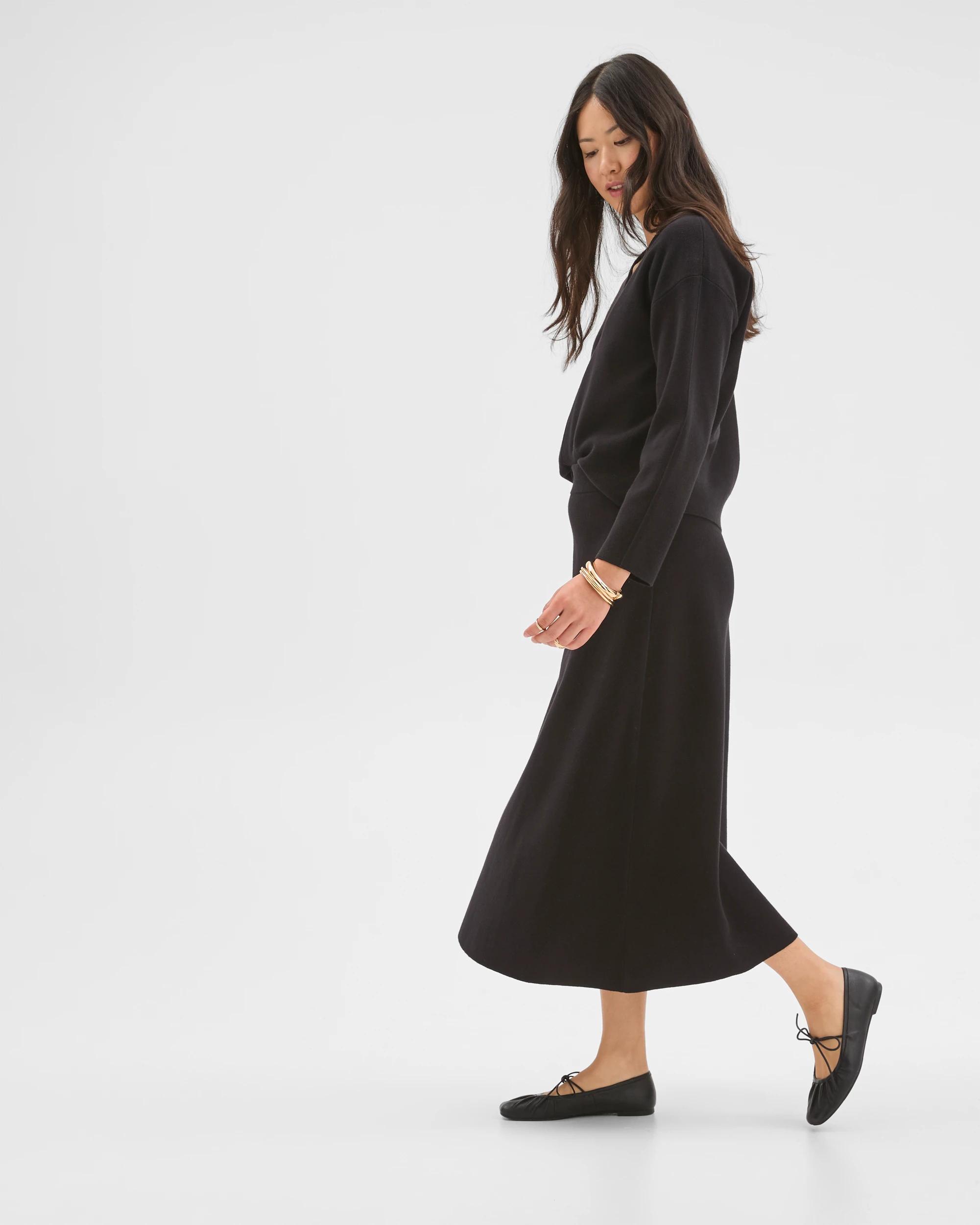 2 Preview Australian Cotton Blend A-Line Polished Midi Skirt BLACK, 2 of 5