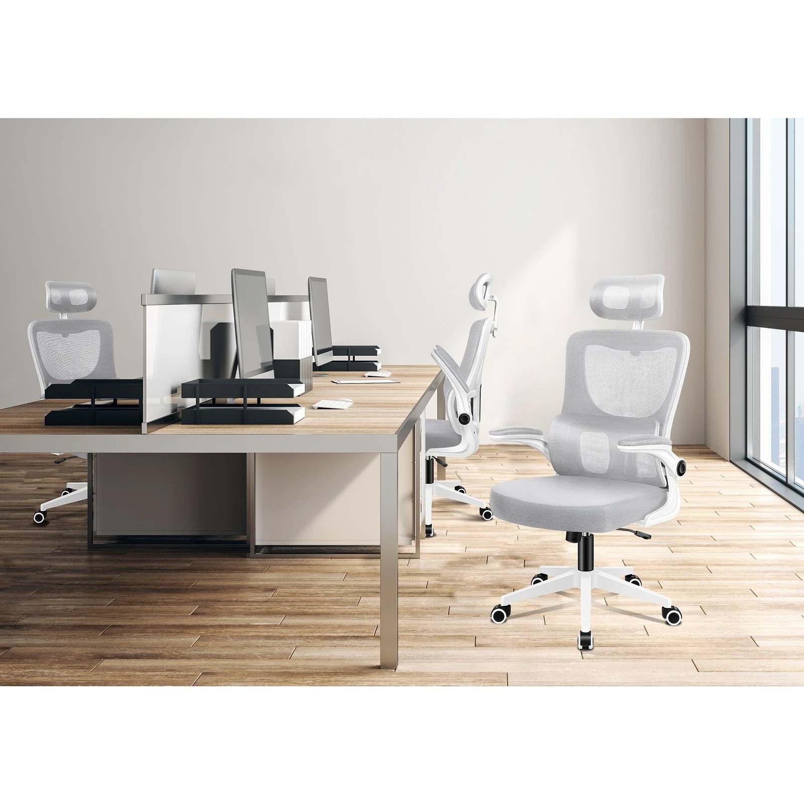 6 Alfordson Mesh Office Chair Executive Computer Tilt Fabric Seat Racing Work - Grey White, 6 of 10