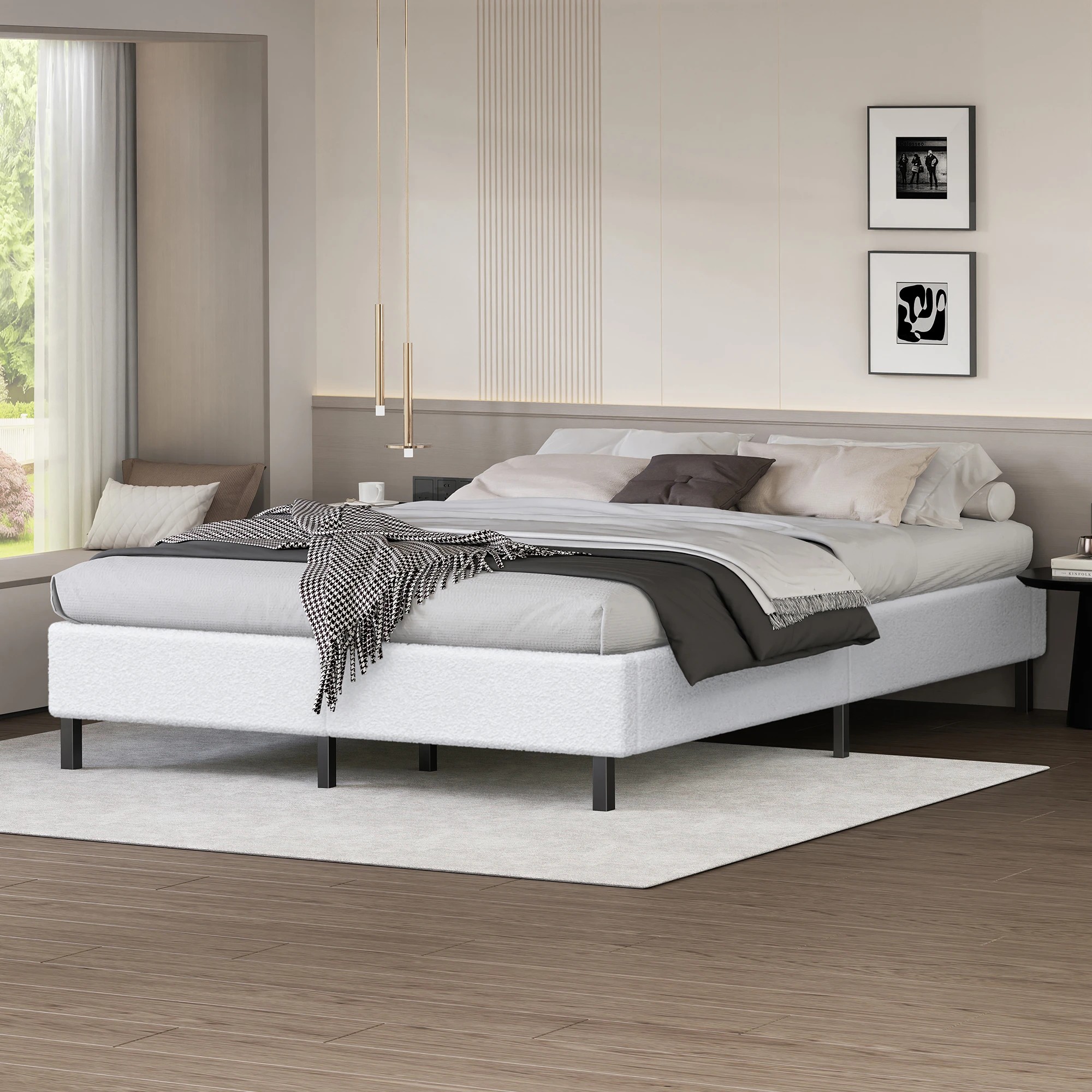 2 Alfordson Bed Frame Double Size Mattress Base Foundation Boucle Basel - White, 2 of 10