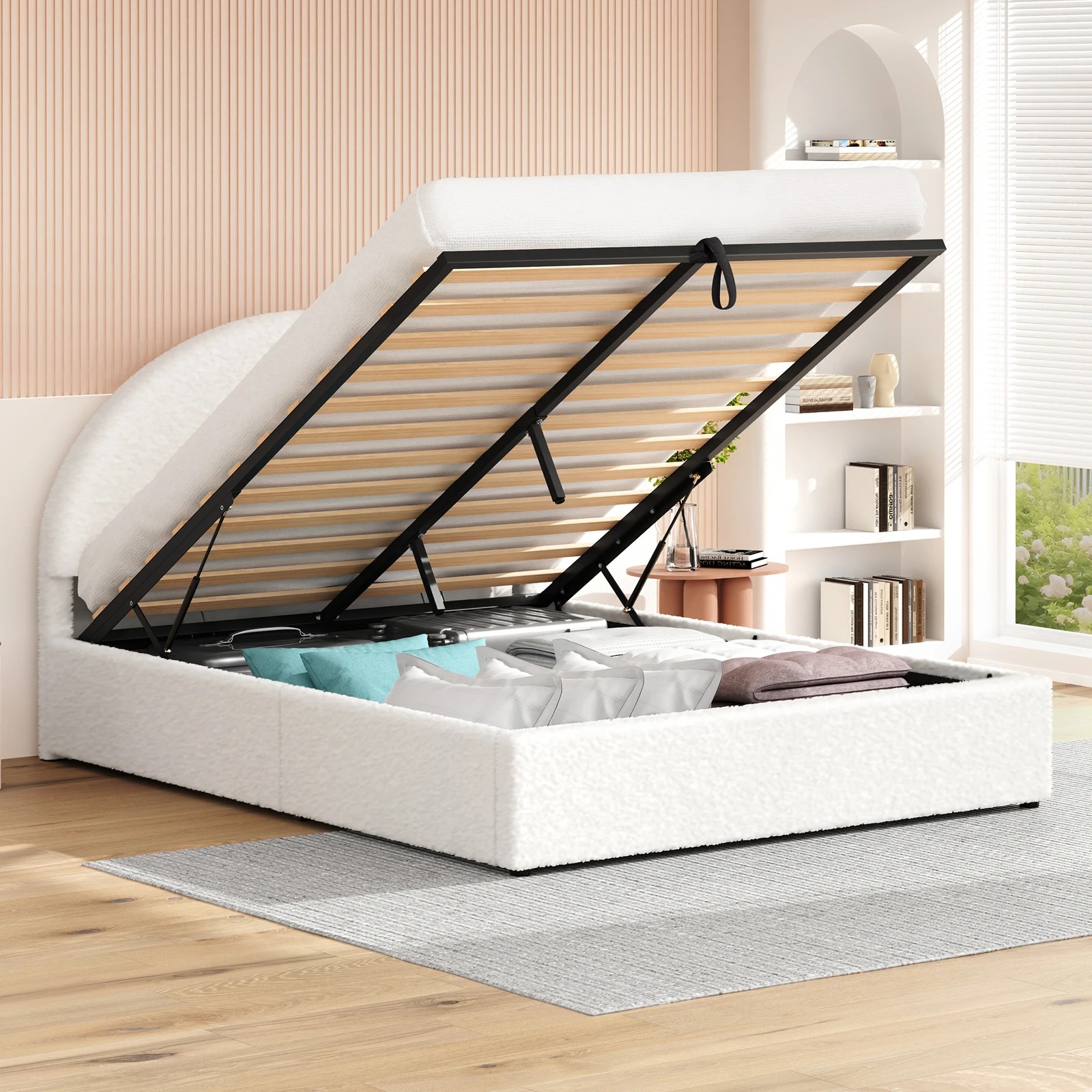 4 Alfordson Bed Frame Double Size Arched Base Gas Lift Storage Boucle Hoult - White, 4 of 10