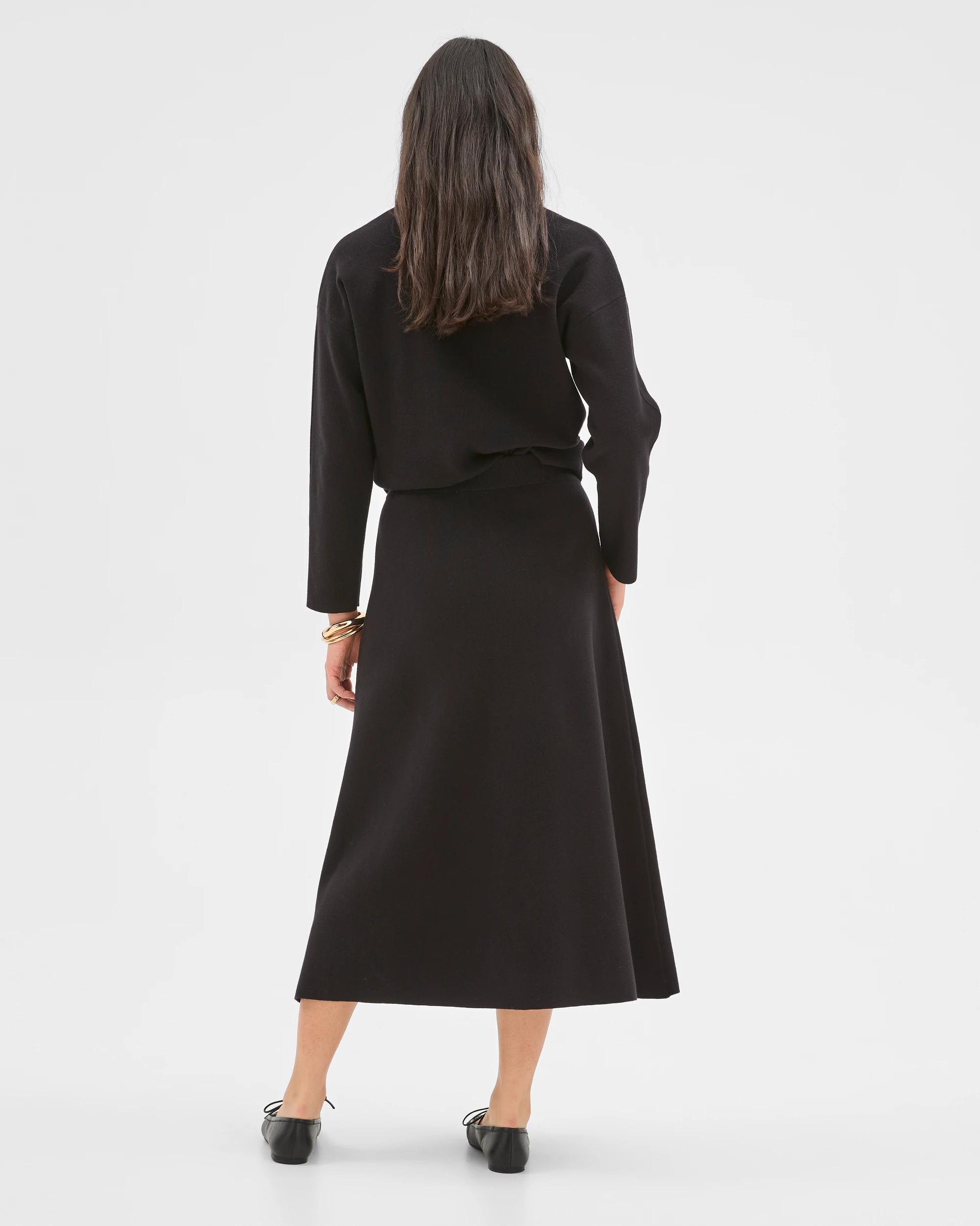 4 Preview Australian Cotton Blend A-Line Polished Midi Skirt BLACK, 4 of 5