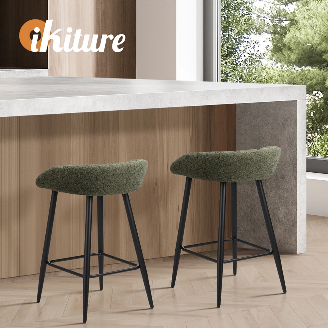 5 Oikiture Bar Stools Set Of 2 Kitchen Dining Chairs Counter Stools Boucle
 - Green, 5 of 10