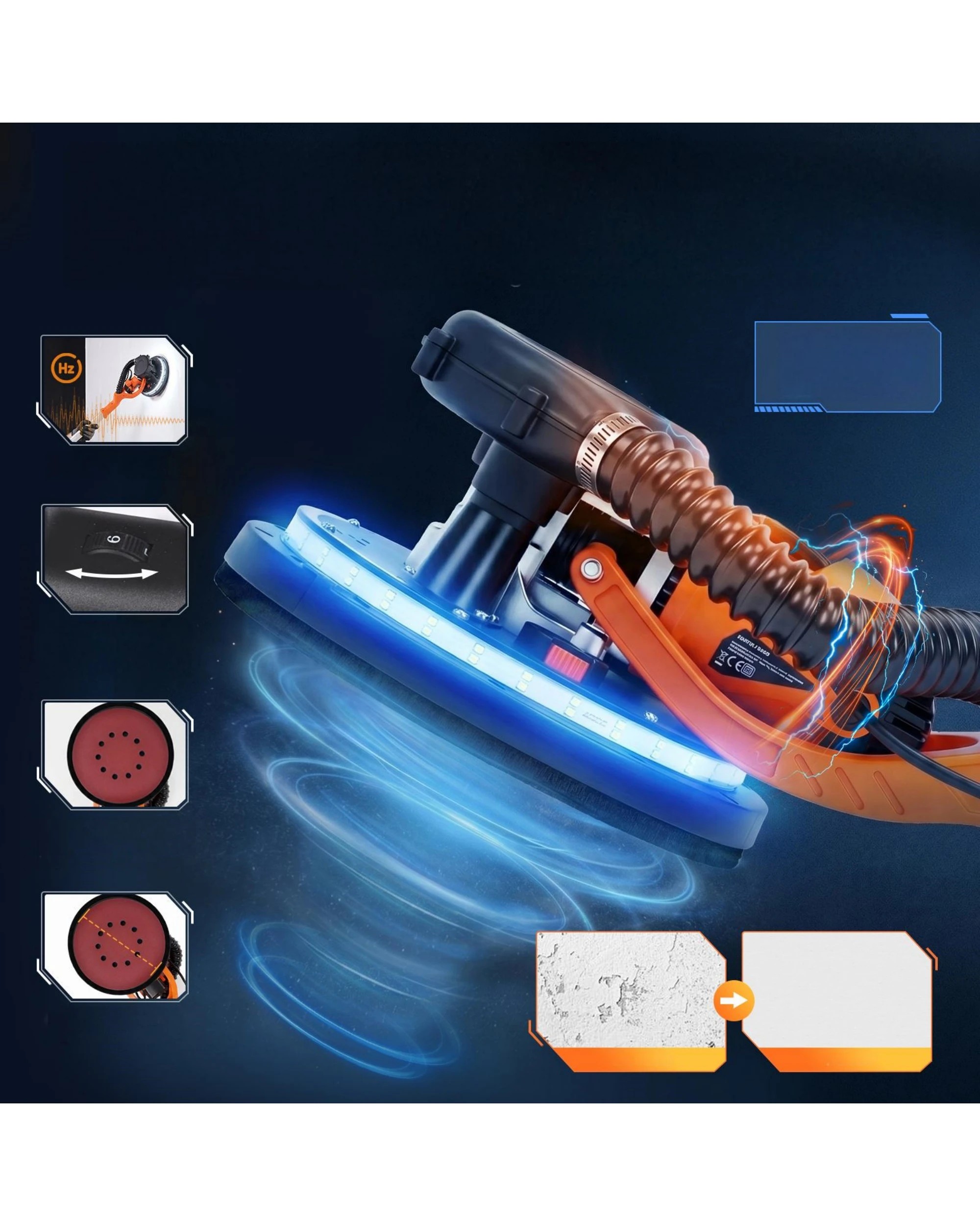 8 Advwin Drywall Sander 950W Electric Drywall Sander Vacuum 7-Level Speed 1000-2300RPM - Orange, 8 of 10