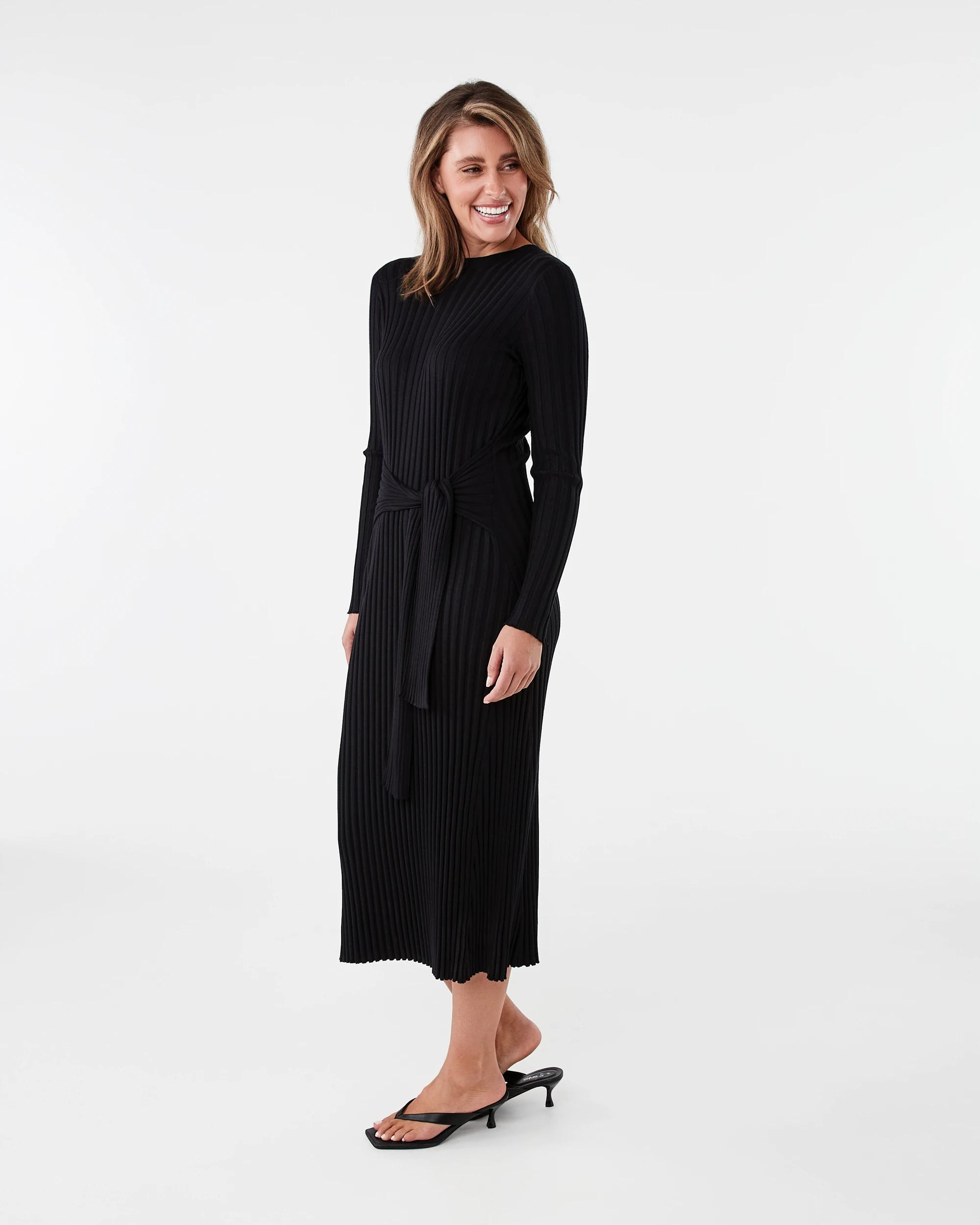 2 Long Sleeve Waist Tie Maxi Dress Black, 2 of 7