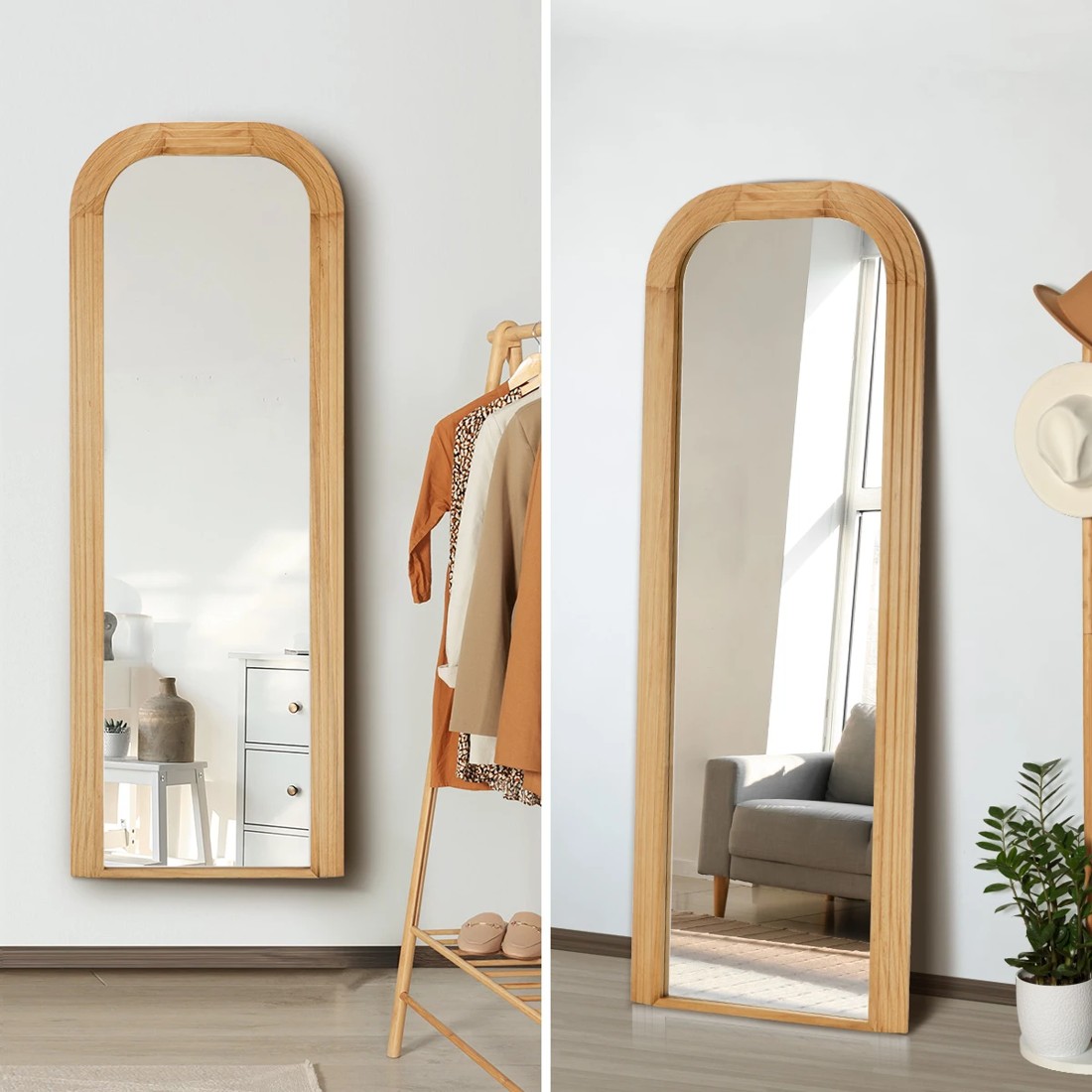 5 Oikiture Full Length Arch Mirror 165x60cm Wood Top Round Corner Bedroom - Natural, 5 of 10