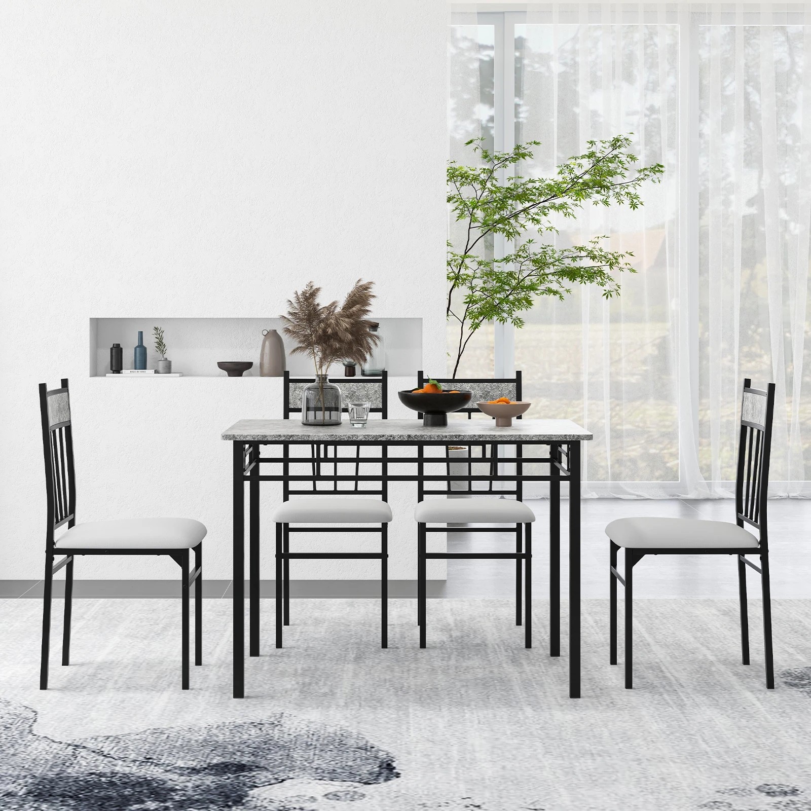 3 Costway 5PCS Dining Table Chairs Set Marble-Like Tabletop Kitchen Set - Black, 3 of 4