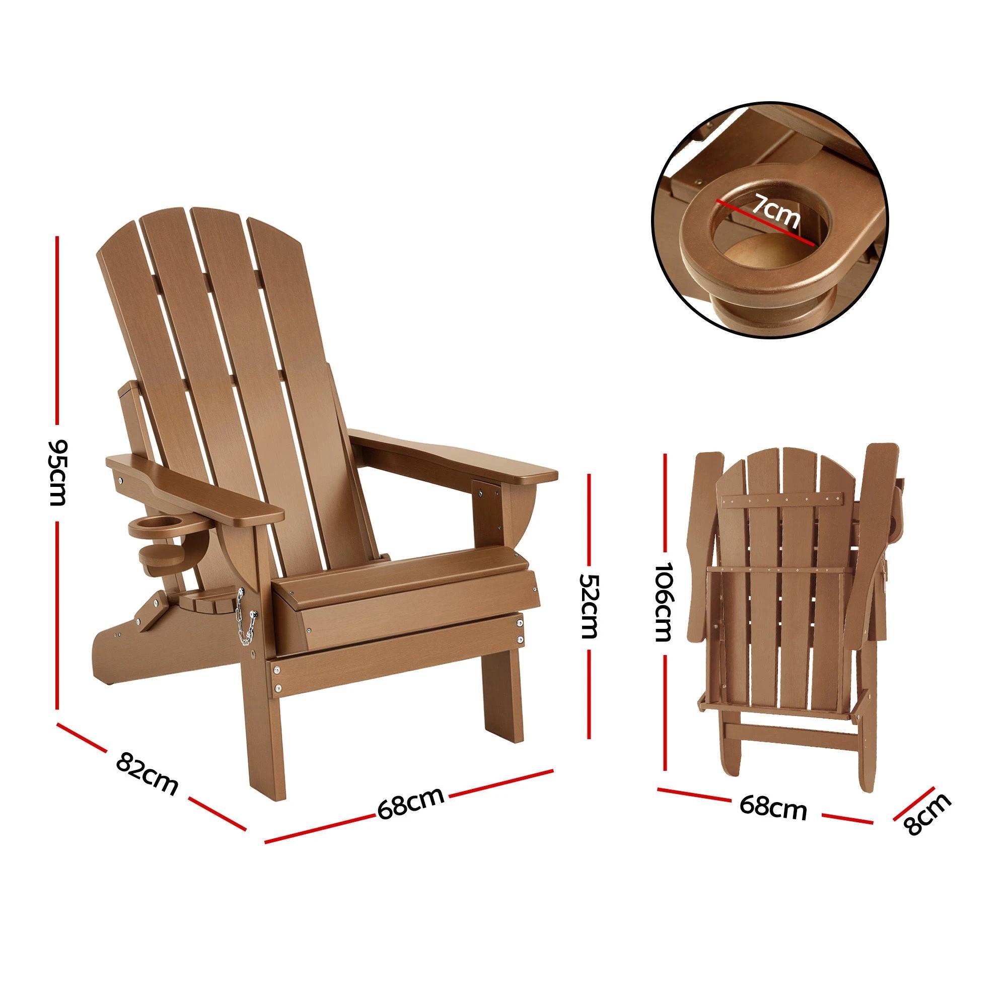 2 Gardeon Outdoor Chairs Folding Adirondack Beach Chair HDPE Sun Lounge Patio Furniture Garden - Brown, 2 of 9