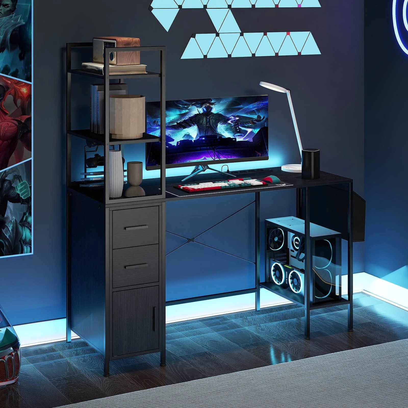 3 Costway Computer Desk Office Desk w/LED Lights & Power Outlets Gaming Table, 3 of 3