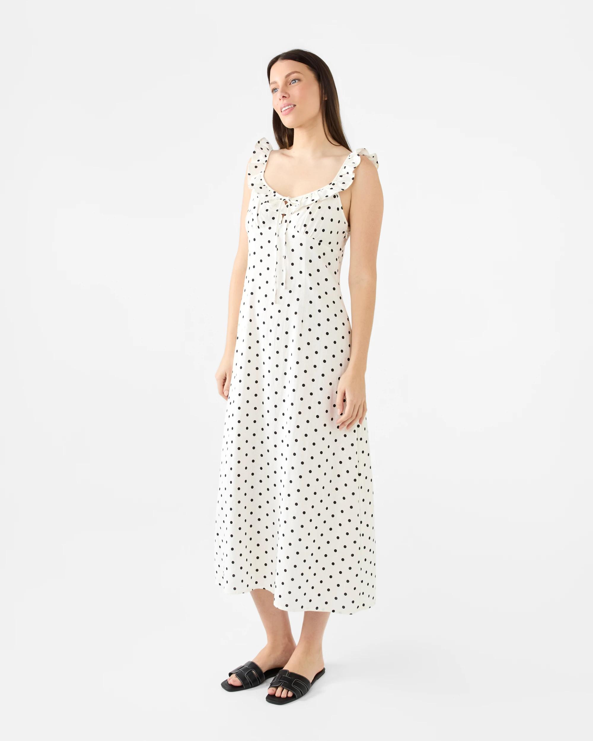 2 Sleeveless Linen Blend Frill Detail Midi Dress White Spot, 2 of 7