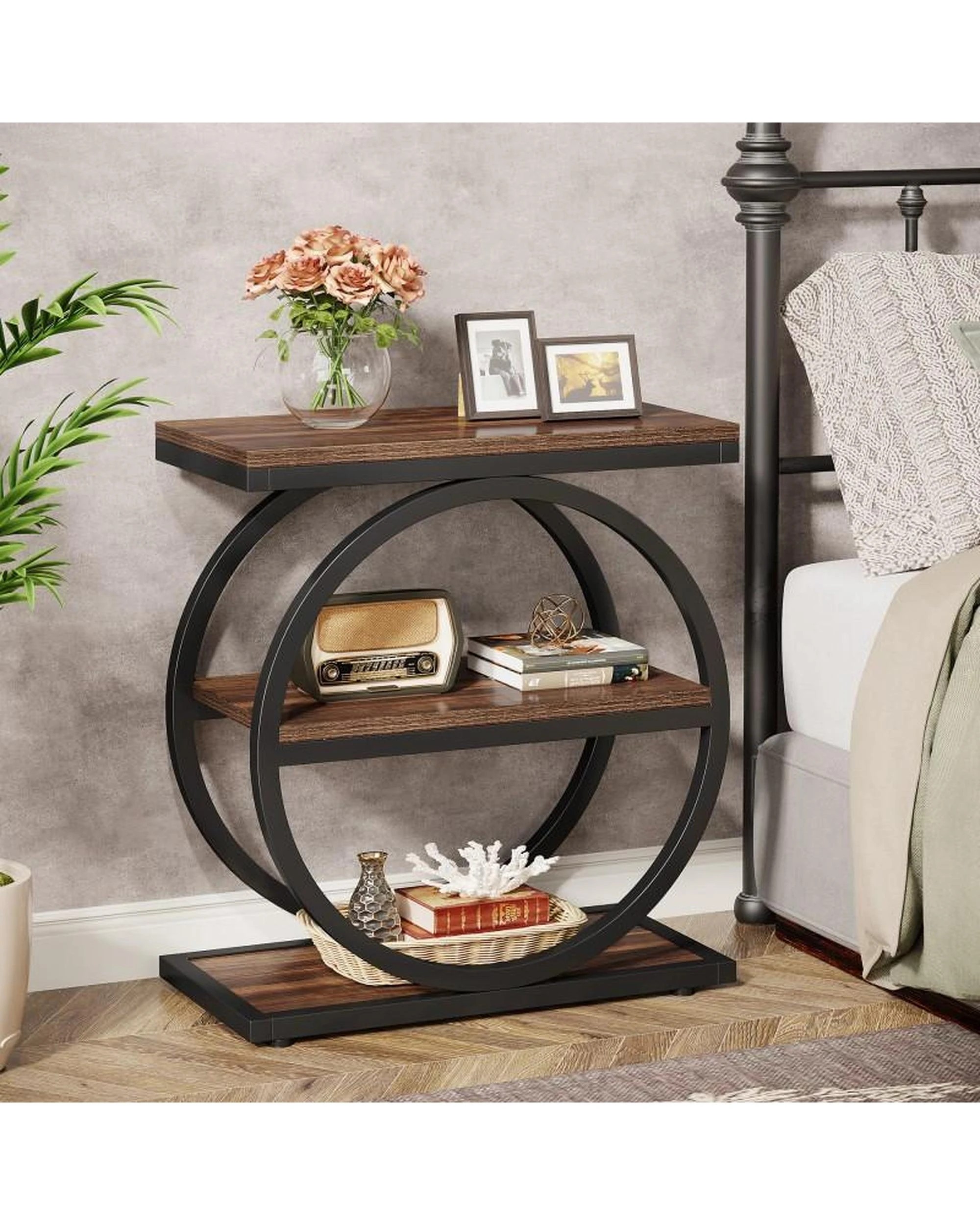3 OAKORY 60cm End Table, Narrow 30cm Wide with Rustic Brown Storage Shelves Black Metal Frame, 3 of 7
