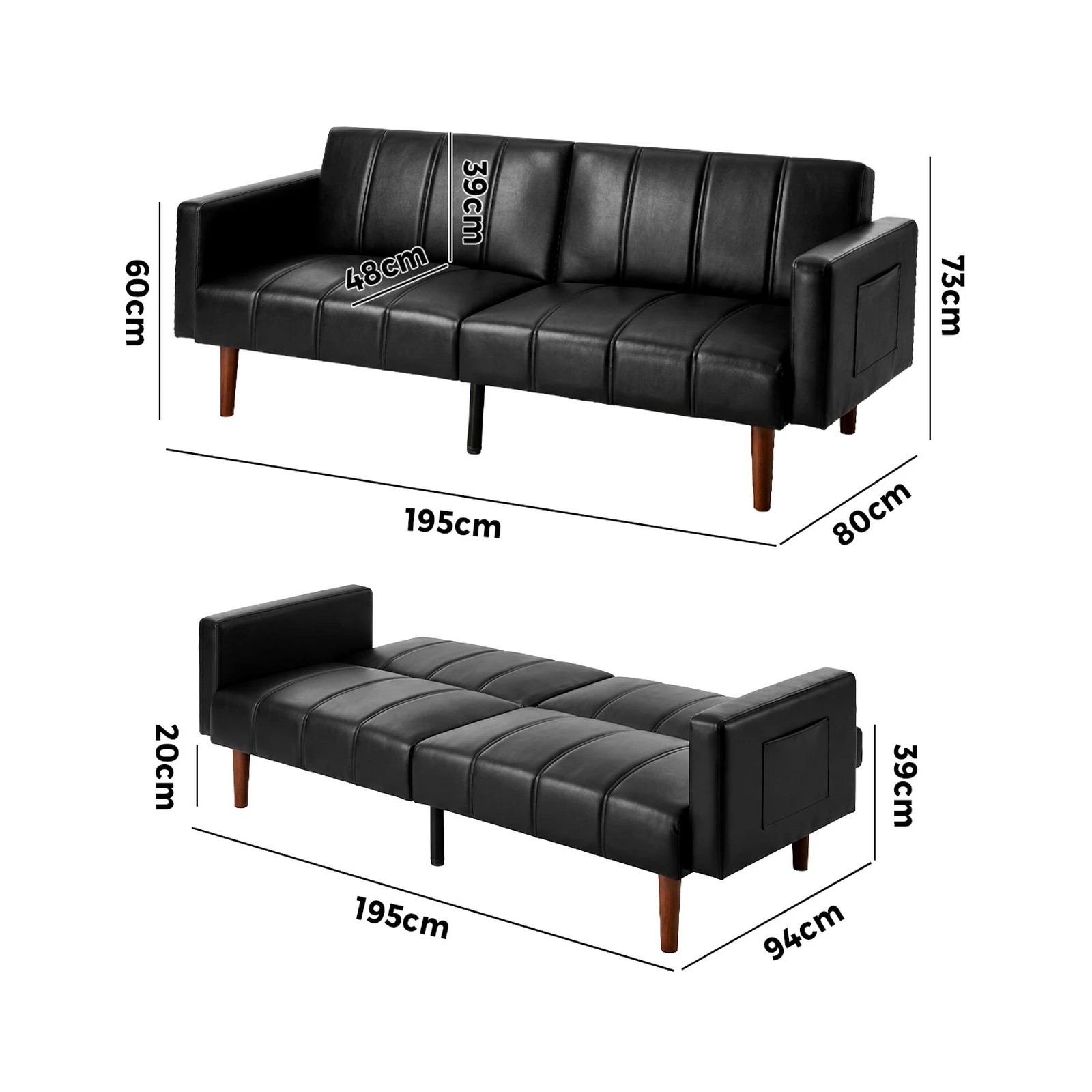 2 Oikiture 3 Seater Sofa Bed Sleeper Futon Faux Leather - Black, 2 of 10
