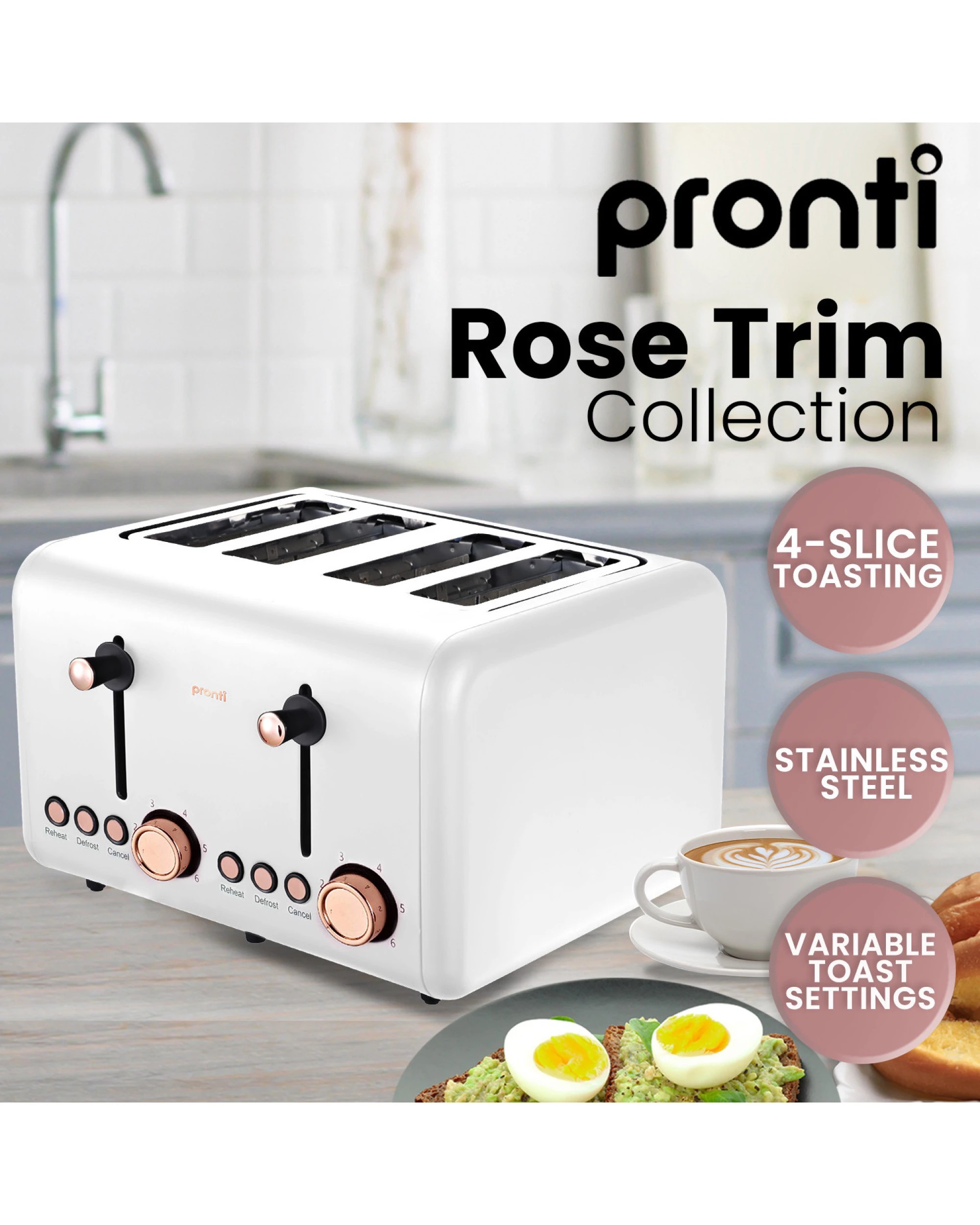 8 Pronti 4 Slice Toaster Rose Trim Collection - White, 8 of 9