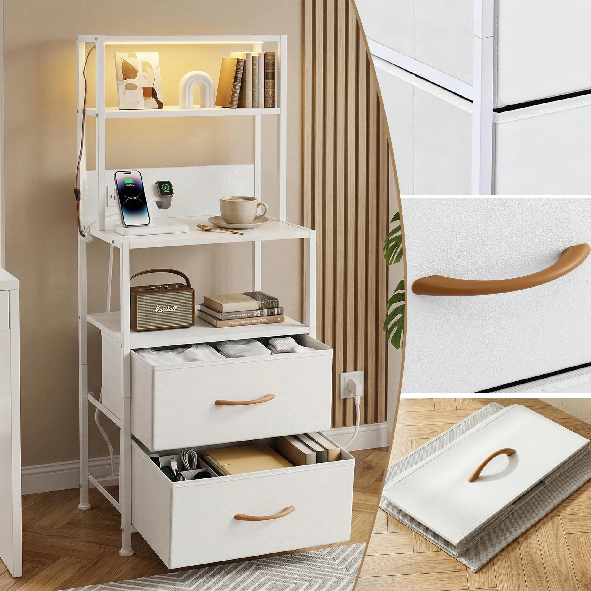 7 Artiss Bedside Table Tall Nightstand with Charging Station Drawers LED - White, 7 of 9