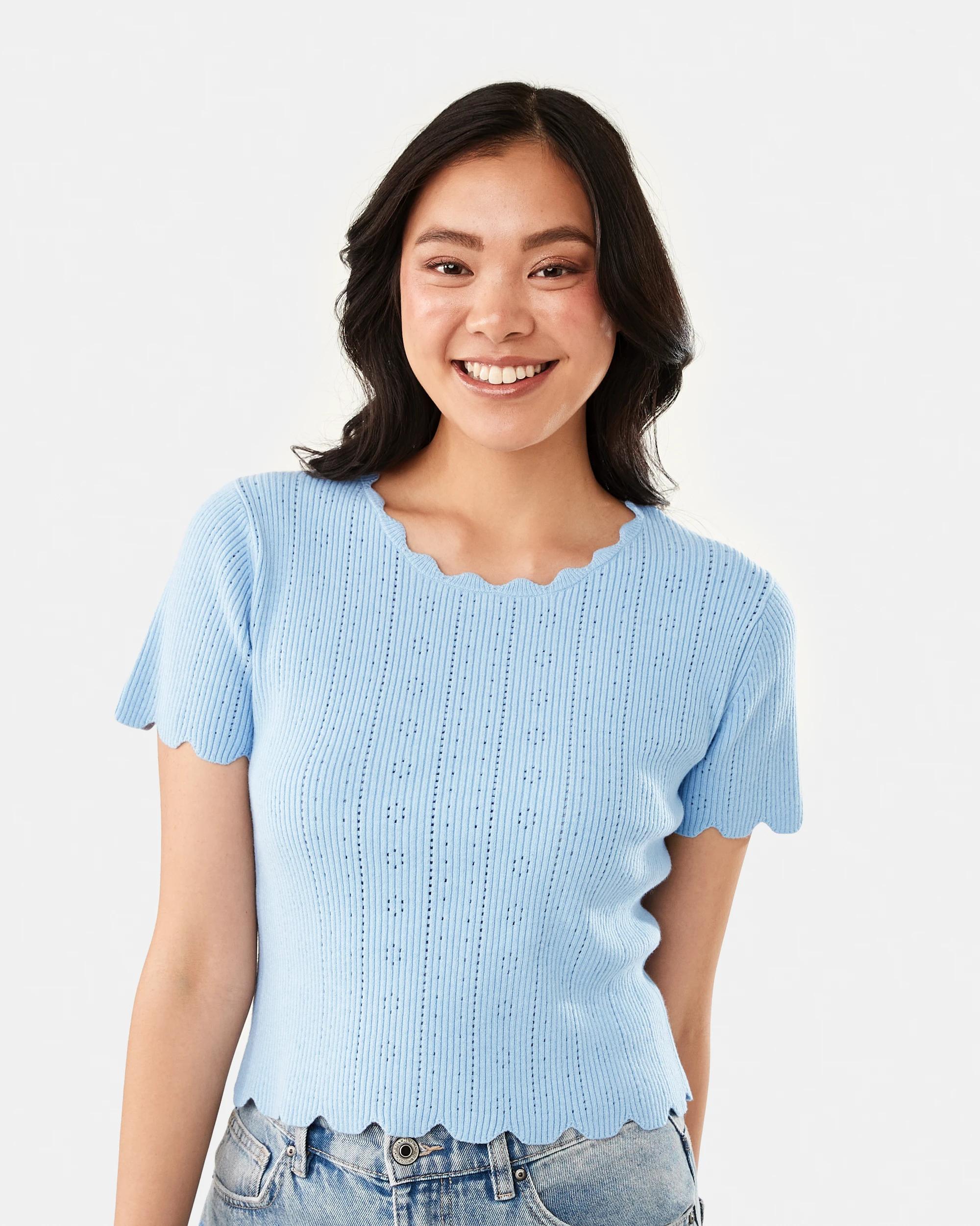 1 Short Sleeve Pointelle Top Chmbr Blue, 1 of 7