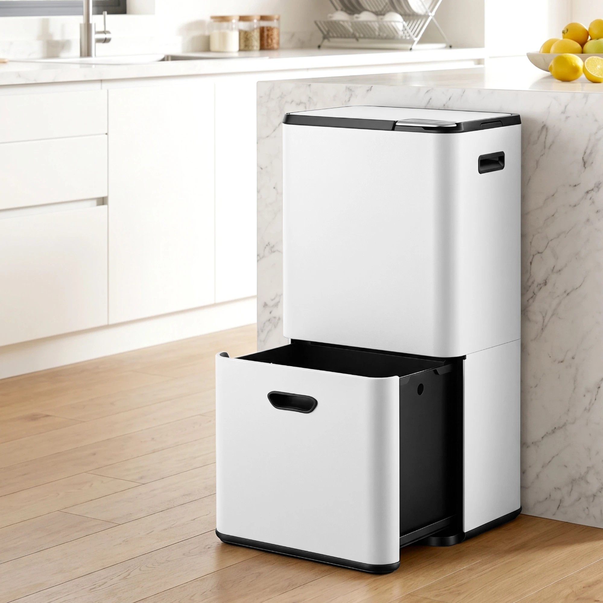 2 Cefito 63L Rubbish Bin 3 Compartment Carbon Steel Split Door Trash Can - White, 2 of 8
