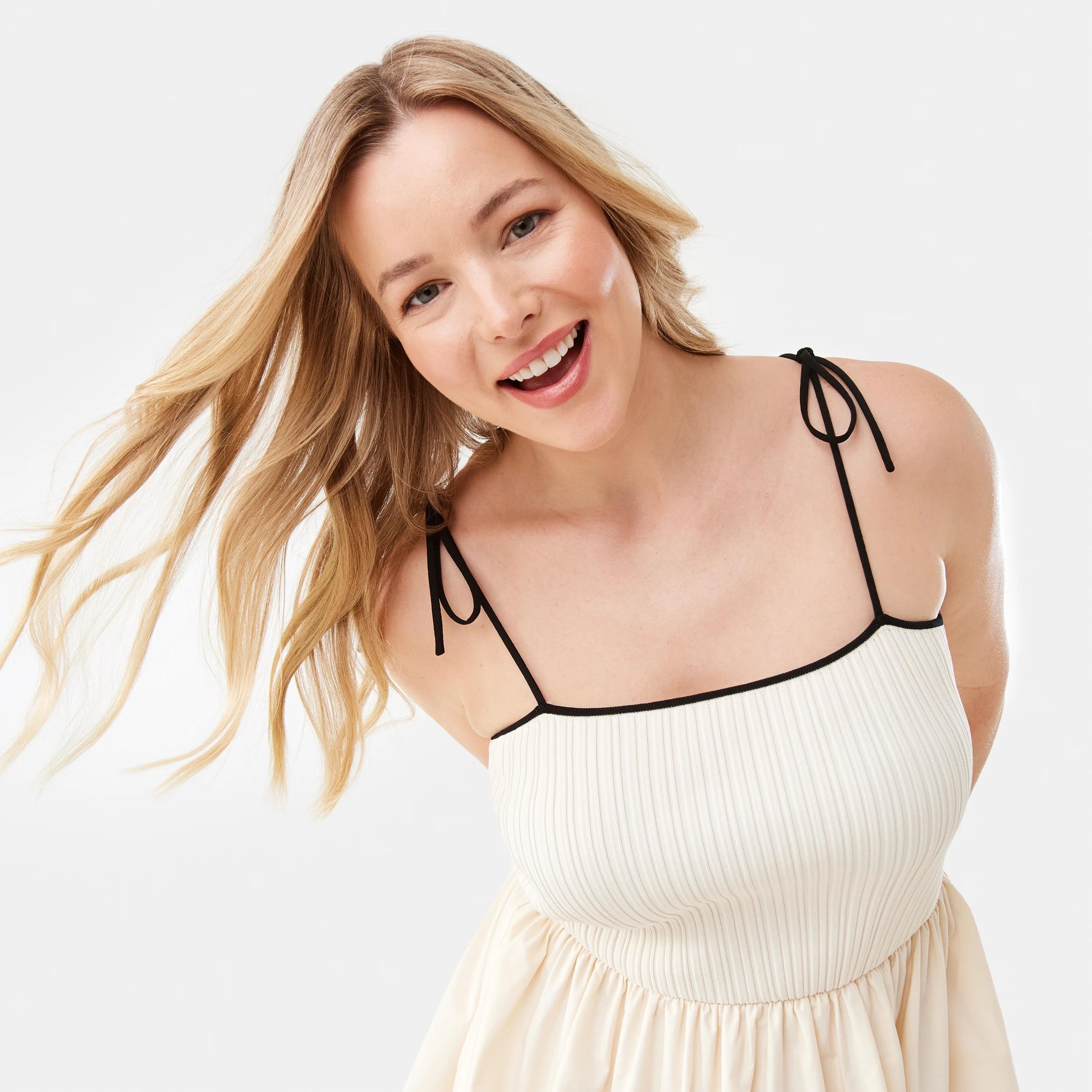 5 Sleeveless Knit Woven Bubble Hem Midi Dress Nat Beige, 5 of 11