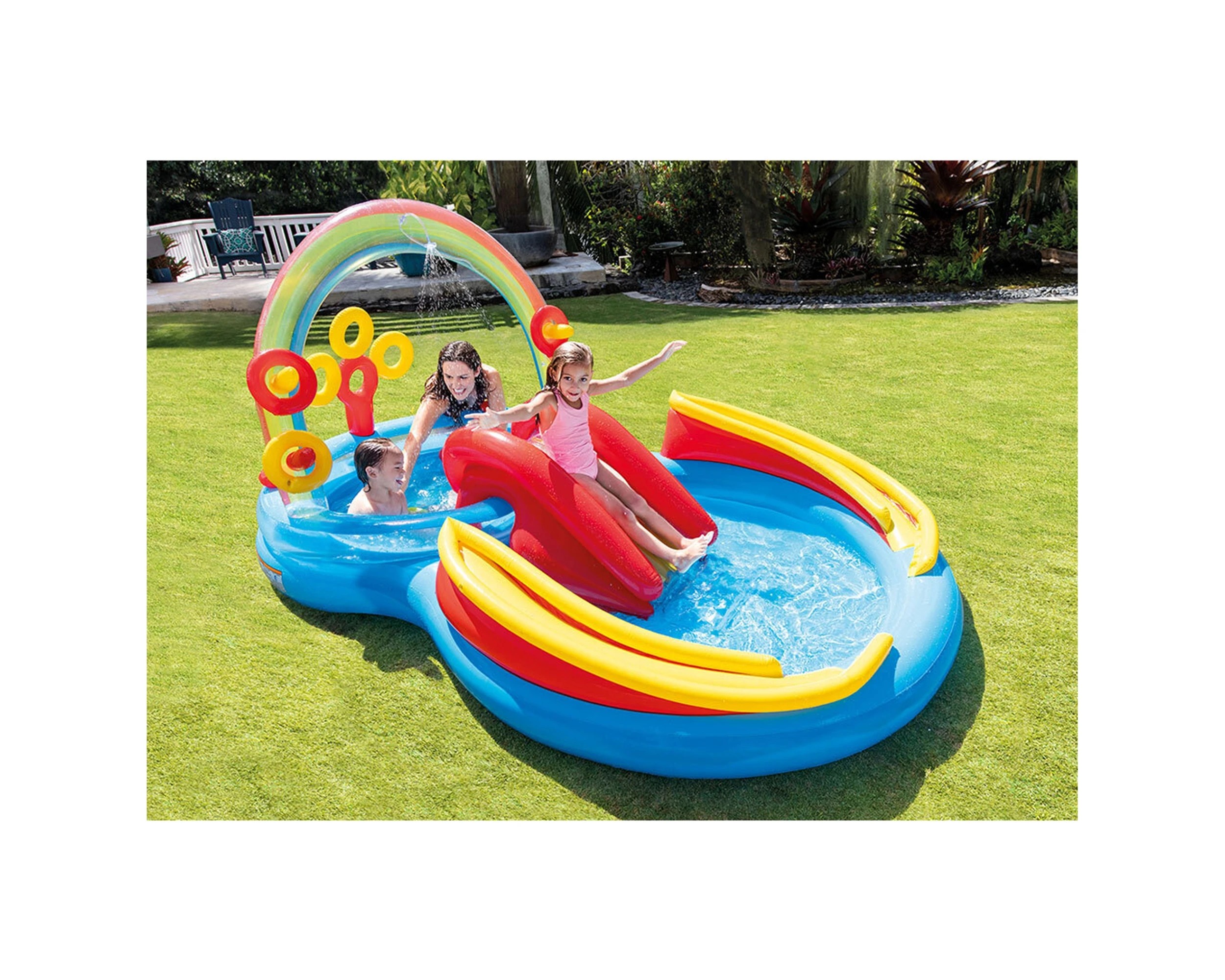 6 Intex Rainbow Ring Play Centre Water Slide Inflatable Pool Water Games - Multi, 6 of 7