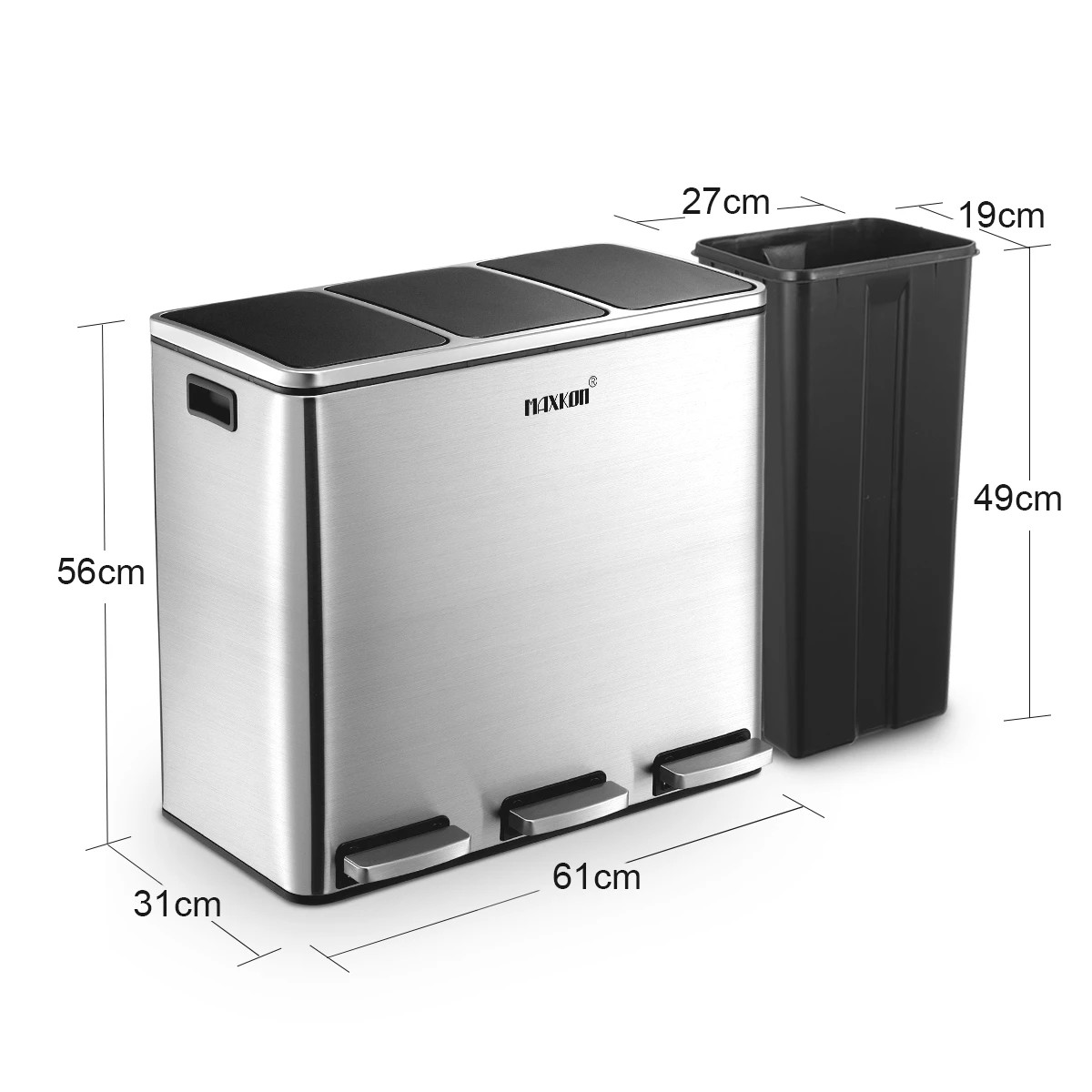 4 Maxkon 54L Rubbish Bin Pedal Recycling Trash Can Kitchen Waste Garbage Household Stepbin with Three Compartments Silver, 4 of 10
