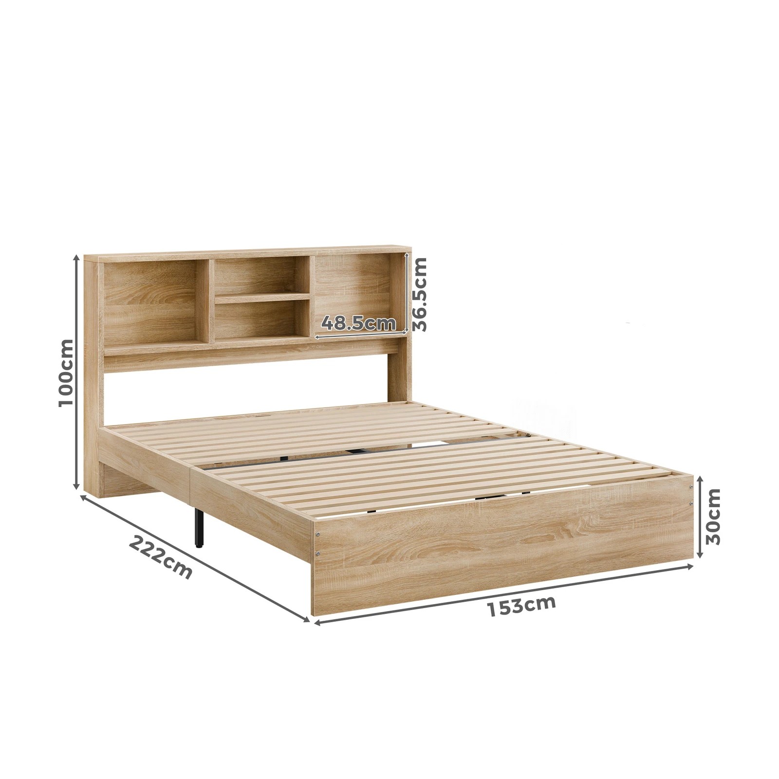 2 Alfordson Wooden Bed Frame Queen Size Base with Bookshelf Storage Headboard - Oak, 2 of 10