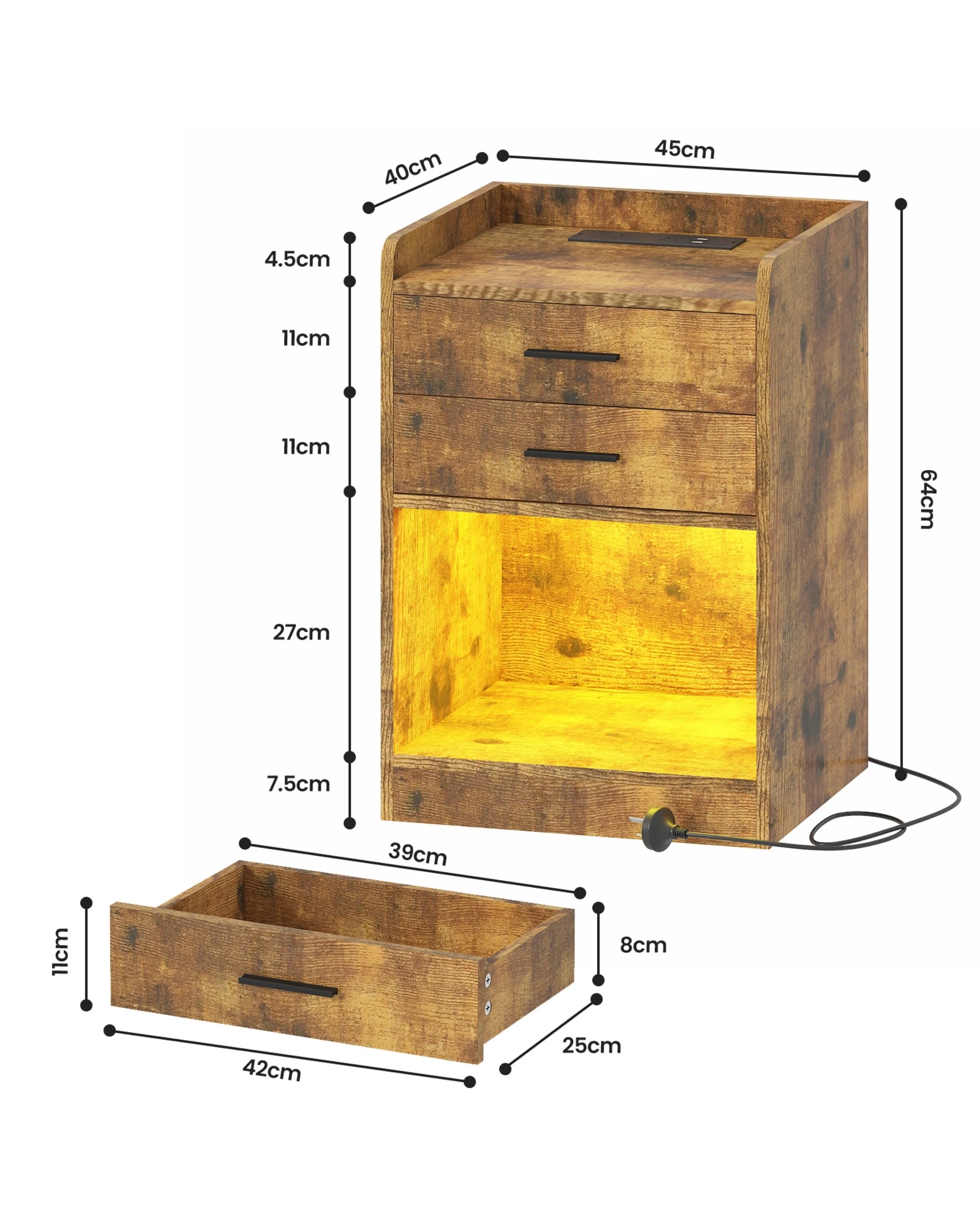 2 Advwin LED 2x Bedside Table with Charging Station 2 Drawers Nightstand - Brown, 2 of 8