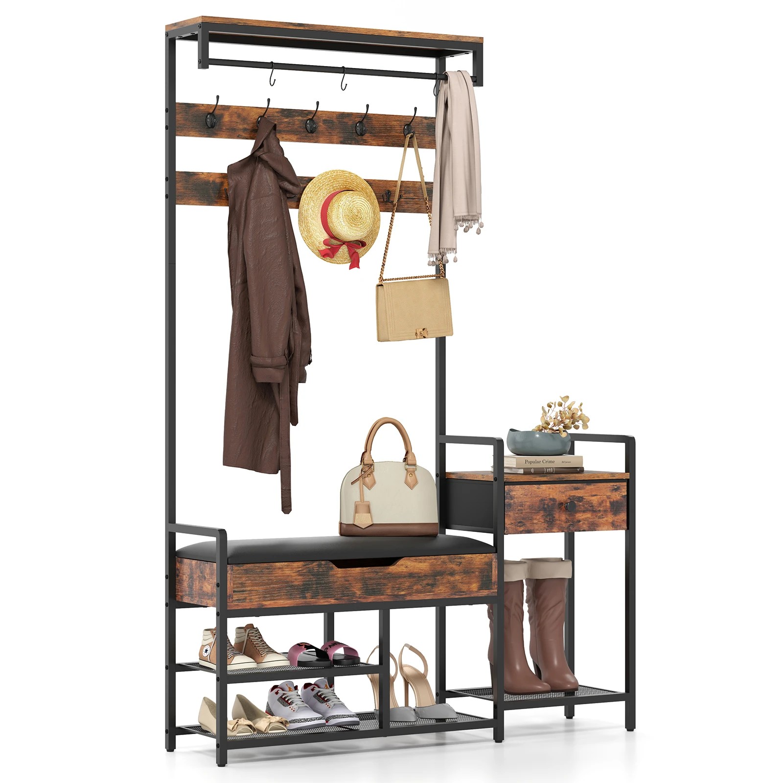 10 Costway Clothes Rack Coat Stand Garment Rack w/Shoe Storage Bench Hall Tree 180cm, 10 of 10