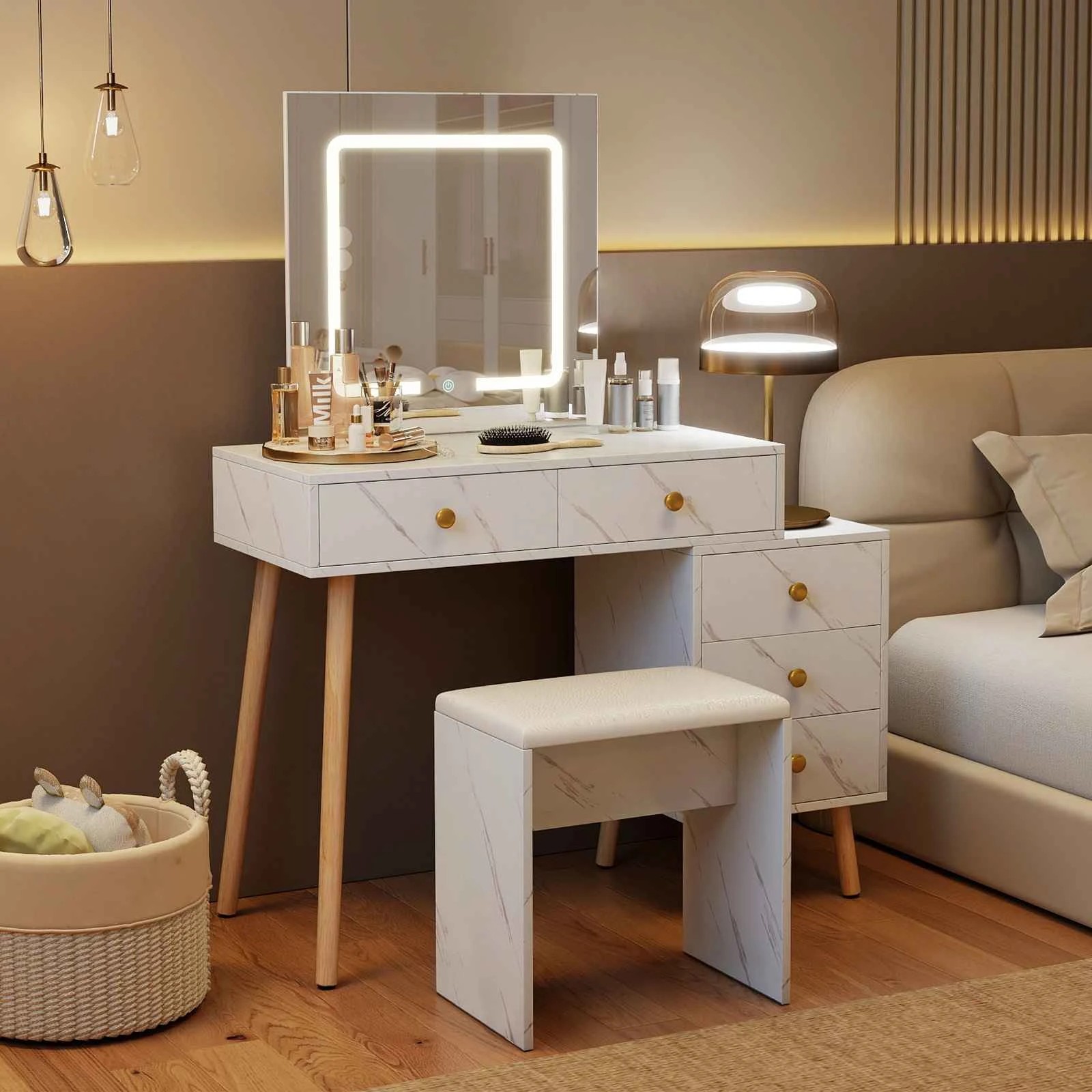 3 Costway 3 Light Mode Dressing Table Set Makeup Vanity Desk & Soft Padded Stool w/5 Drawers, 3 of 3