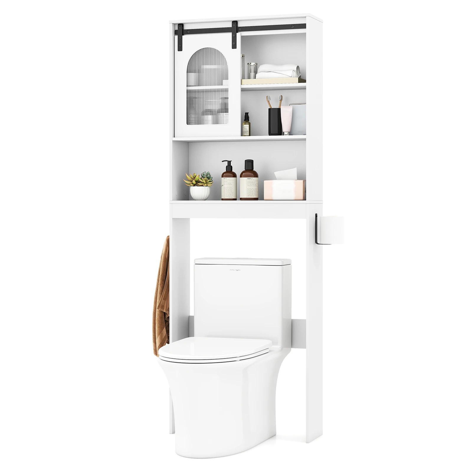 6 Costway Over the Toilet Storage Cabinet Farmhouse Bathroom Organizer w/Sliding Barn Door, 6 of 6