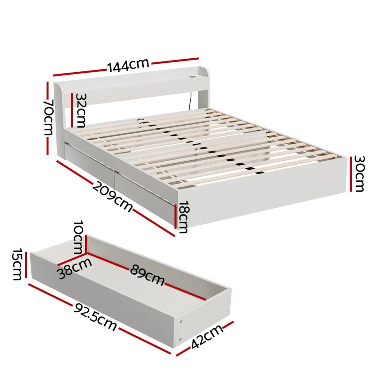 2 Artiss Bed Frame Double Size with Charging Ports and 2 Drawers AURA - White, 2 of 7