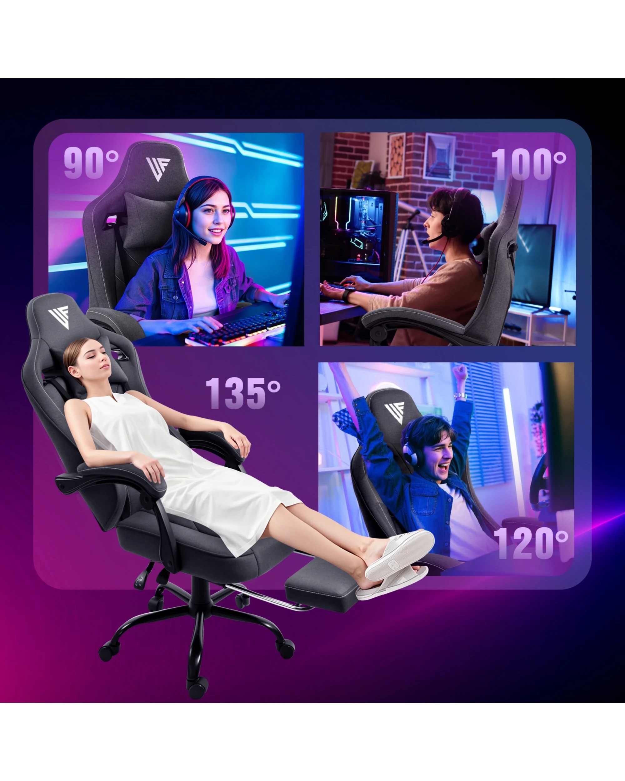 3 Advwin Gaming Chair With Footrest Linen Fabric Ergonomic - Grey, 3 of 3