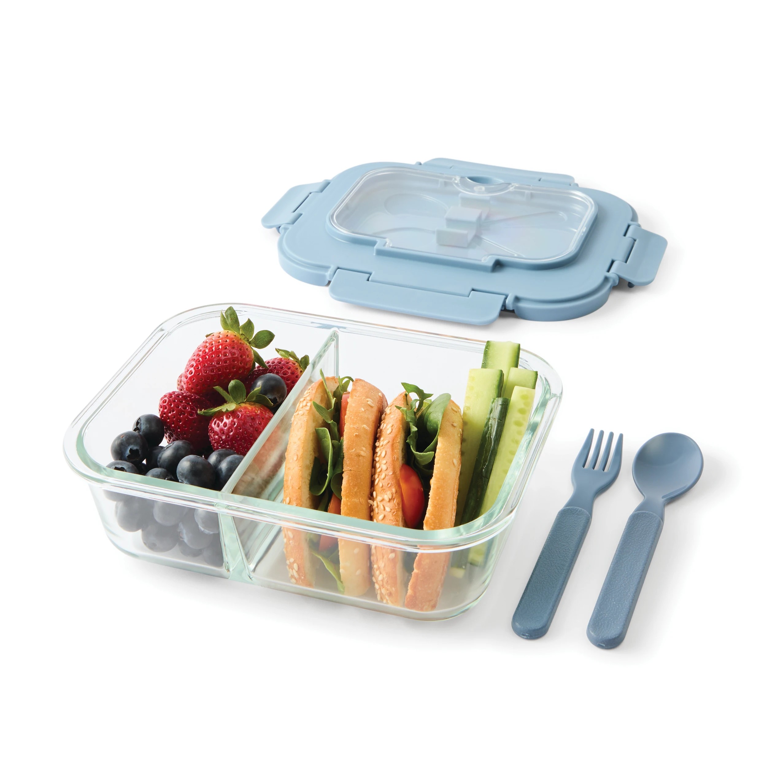 1 Glass Bento Lunch Box with Cutlery - Blue, 1 of 8