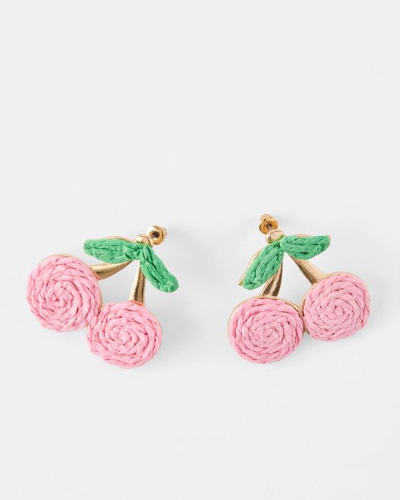 Paper Cherry Stud Earrings - Green, Pink and Gold Tone