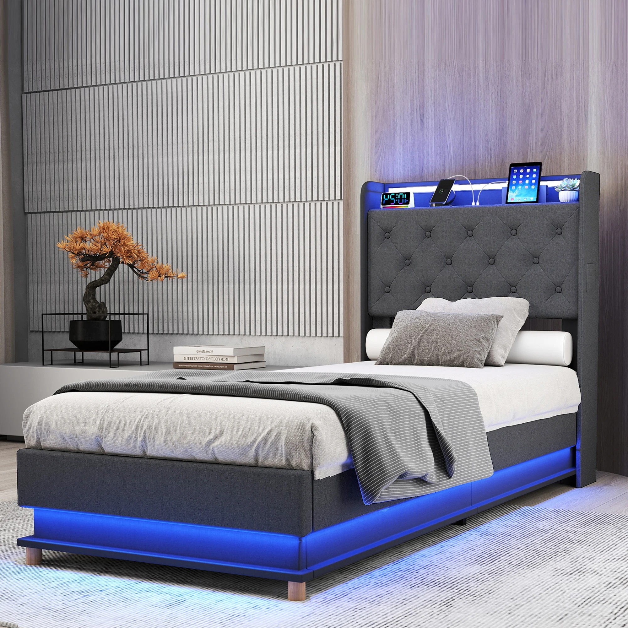 7 Levede Single Bed Frame Fabric with LED and Charging Station - Grey, 7 of 9