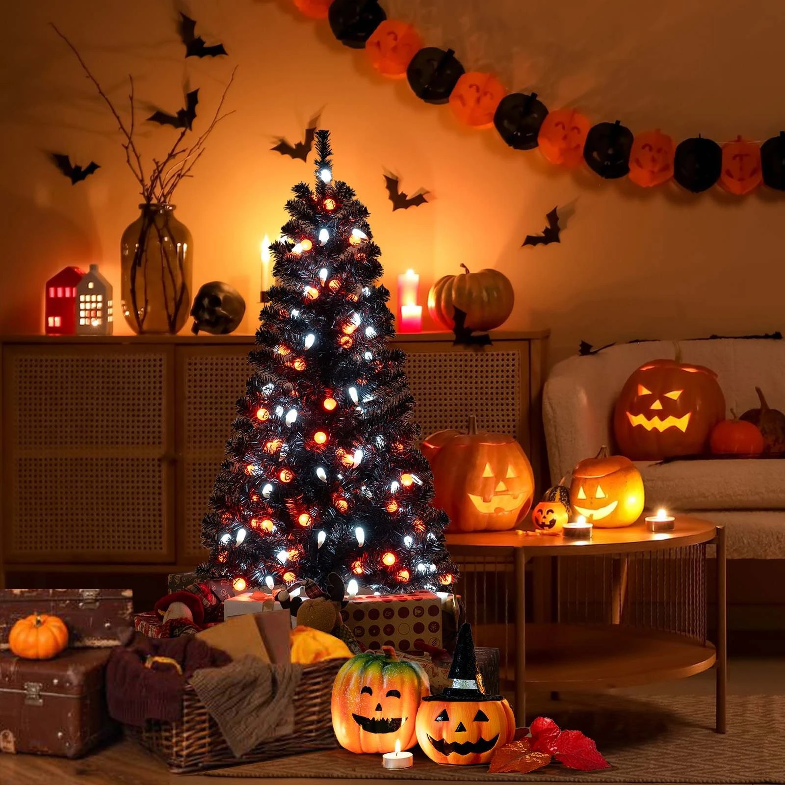 3 Costway 135cm Artificial Christmas Tree Black Pre-lit Spooky Tree, 3 of 3