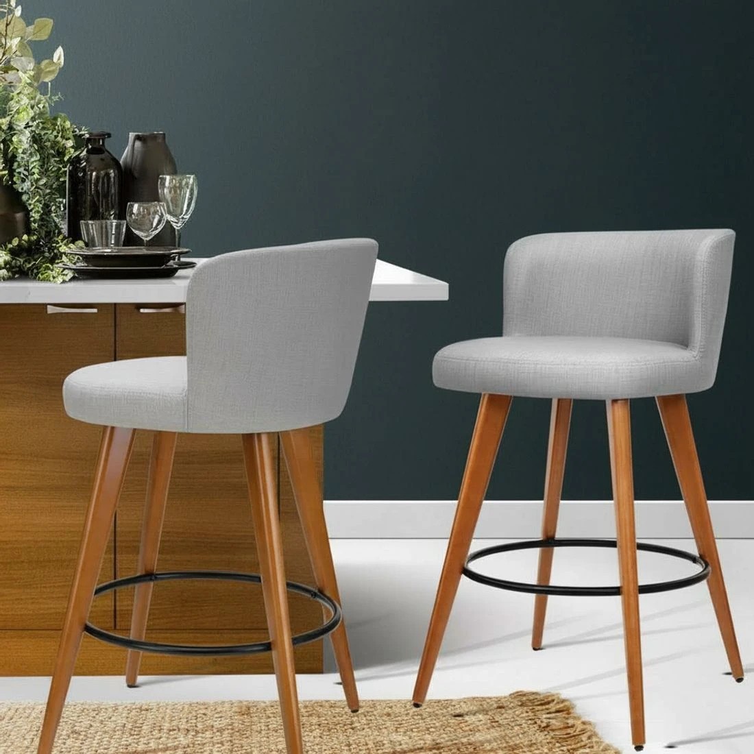 6 Artiss 2x Bar Stools Linen Padded Wooden - Grey, 6 of 6