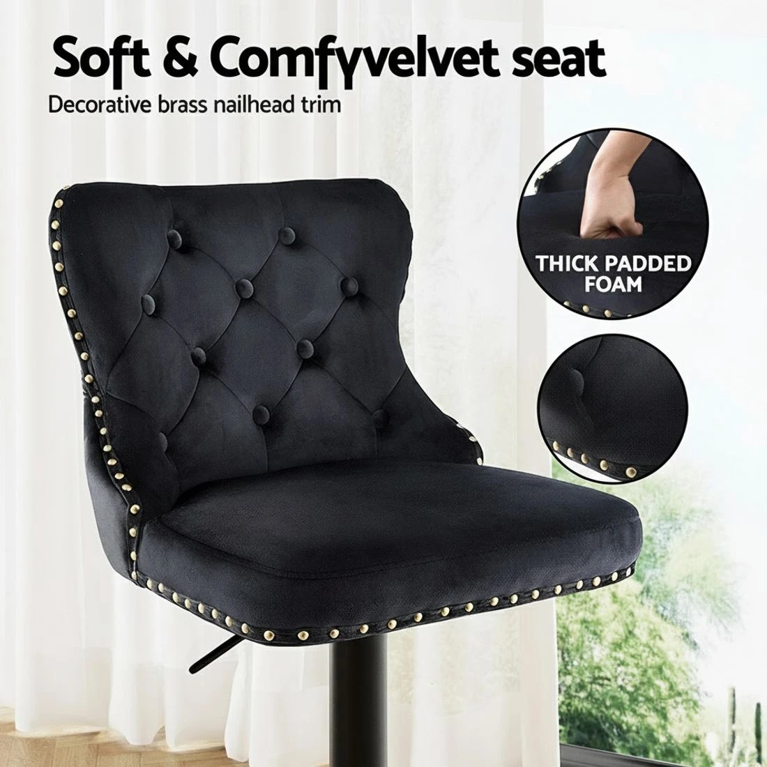 5 Artiss 1x Velvet Bar Stool Adjustable Height Nailhead Trim Kitchen Counter Stool - Black, 5 of 6