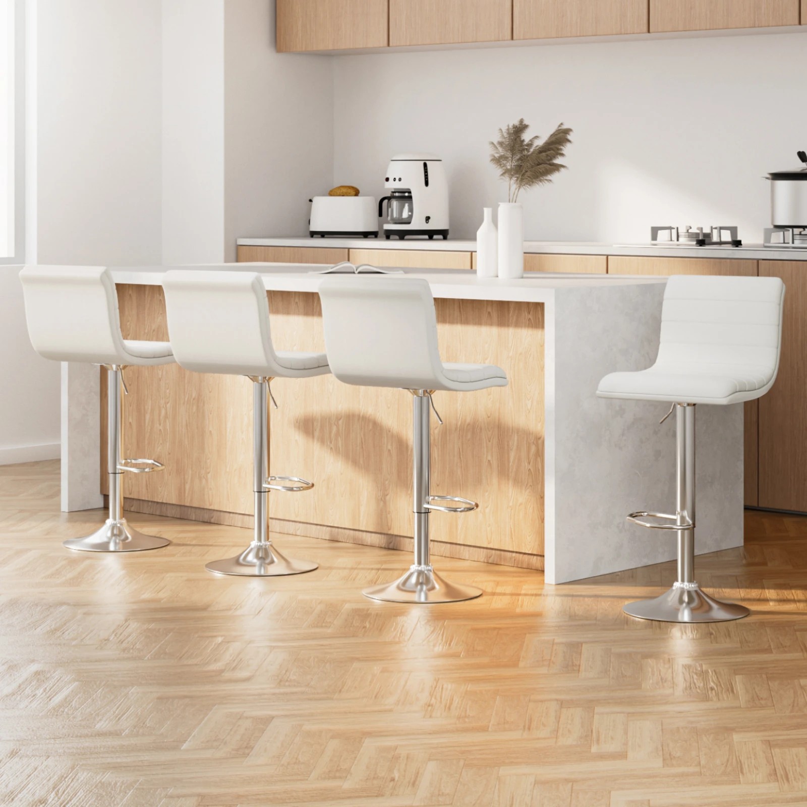 2 Artiss 4x Bar Stools Padded Leather Gas Lift - White, 2 of 5
