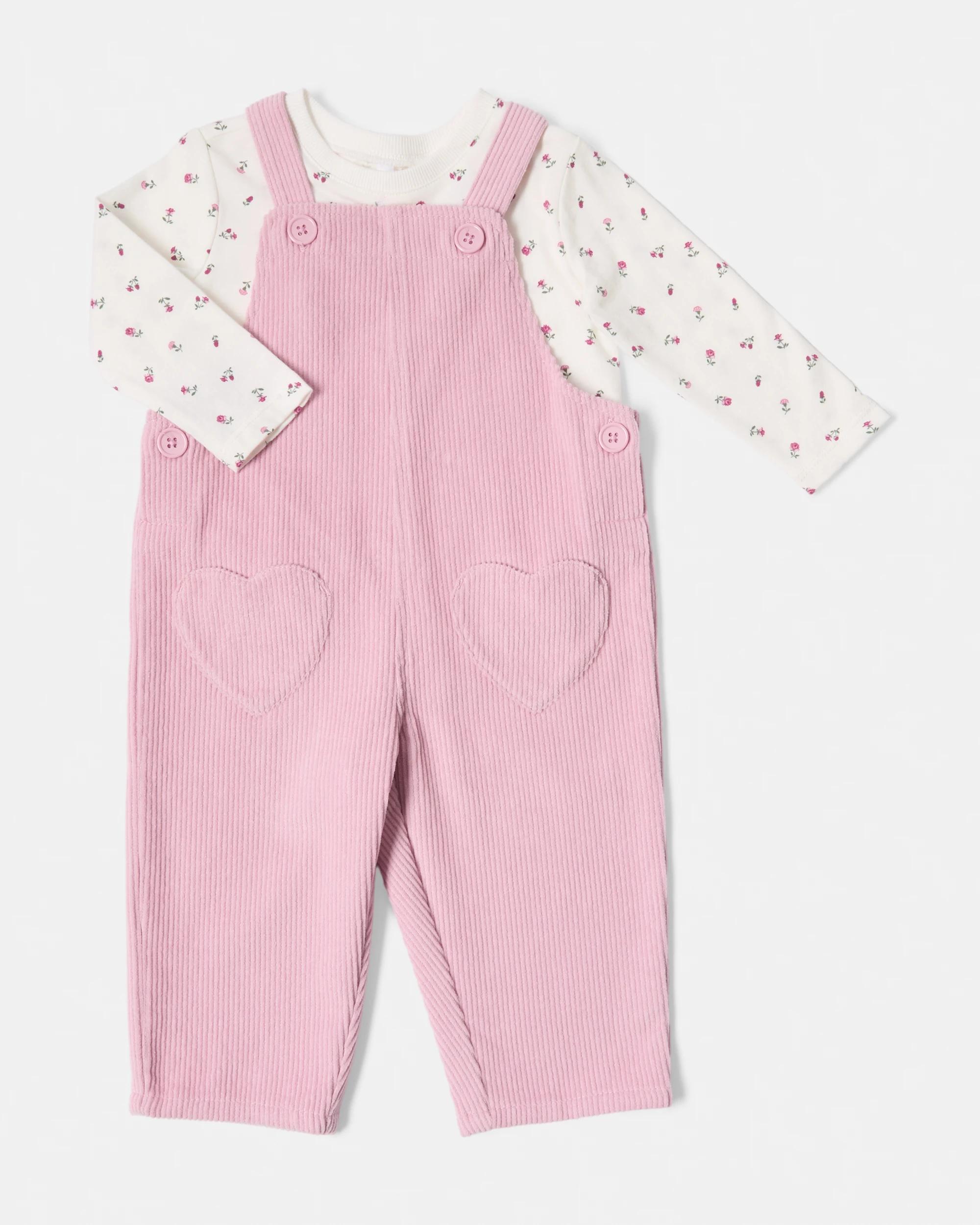 1 Cotton Long Sleeve Corduroy Dungaree Set Floral, 1 of 6