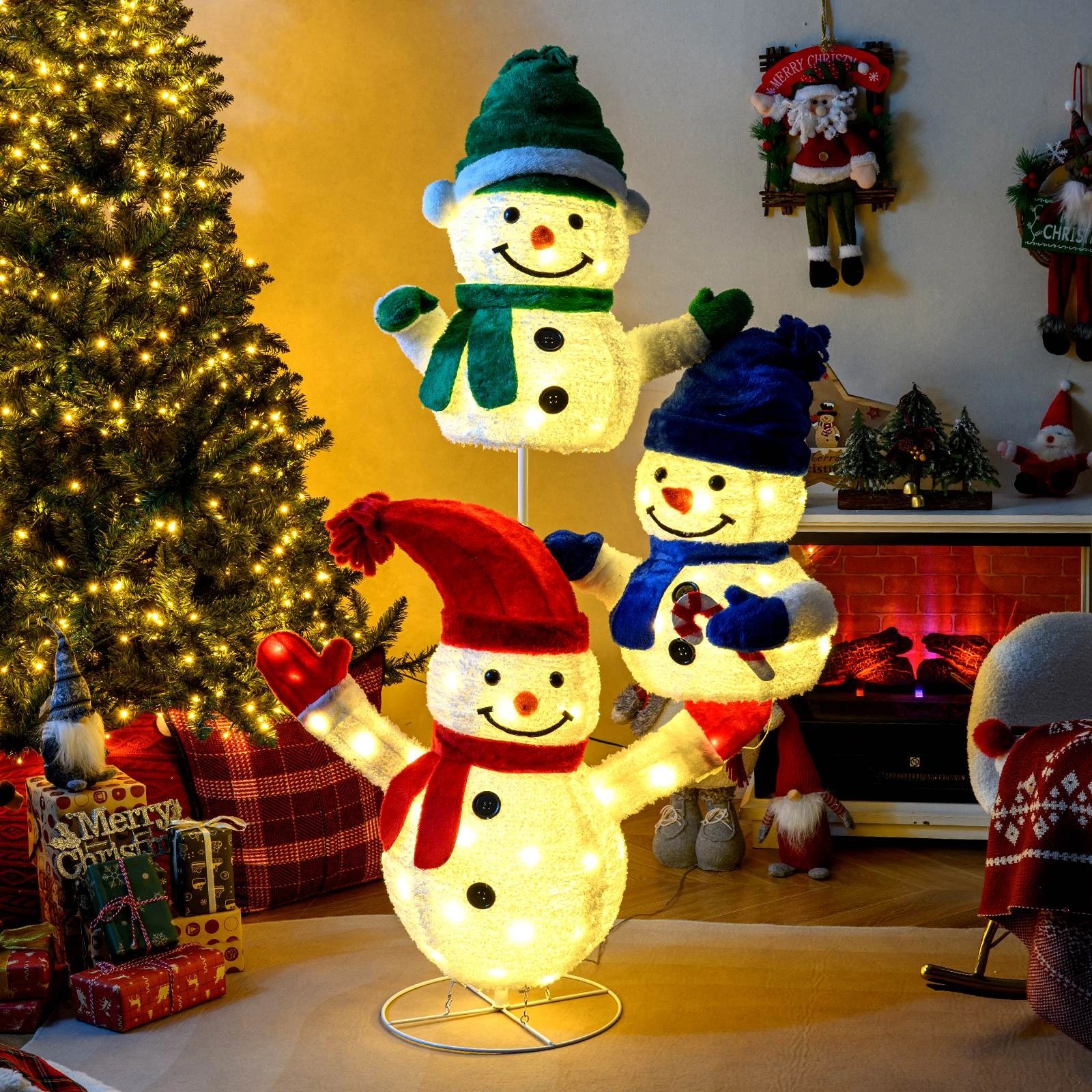 2 Costway 1.5M 3x Lighted Snowman Stacked Christmas Snowmen LED Pre-lit Xmas Decoration Gift, 2 of 3