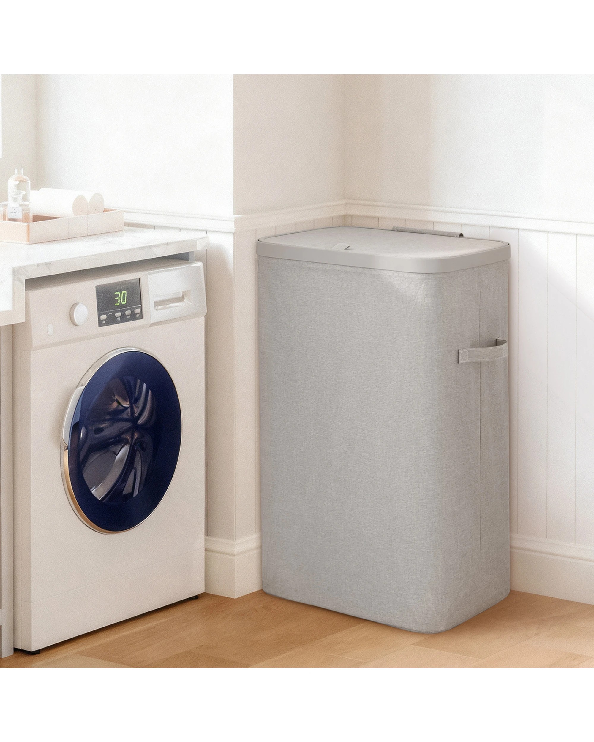 8 Sherwood Voyager Laundry Hamper 60L Faux Linen 42x32x67cm - Grey, 8 of 9