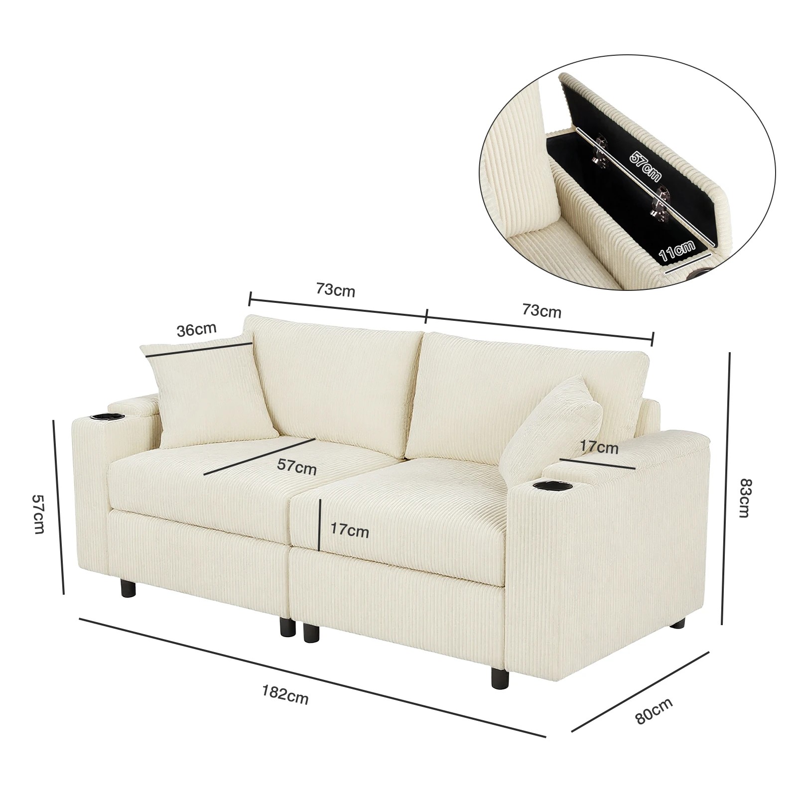 9 Advwin 182cm 2 Seater Sofa Corduroy Modular Lounge Couch w/ Storage Armrests & Cup Holder, 9 of 9