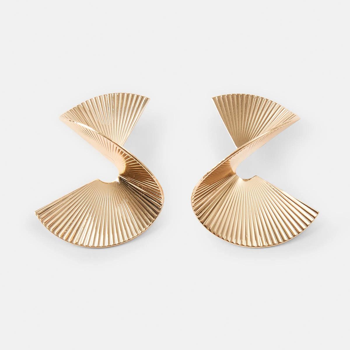 2 Ribbed Fan Drop Earrings - Gold Tone Gold, 2 of 4