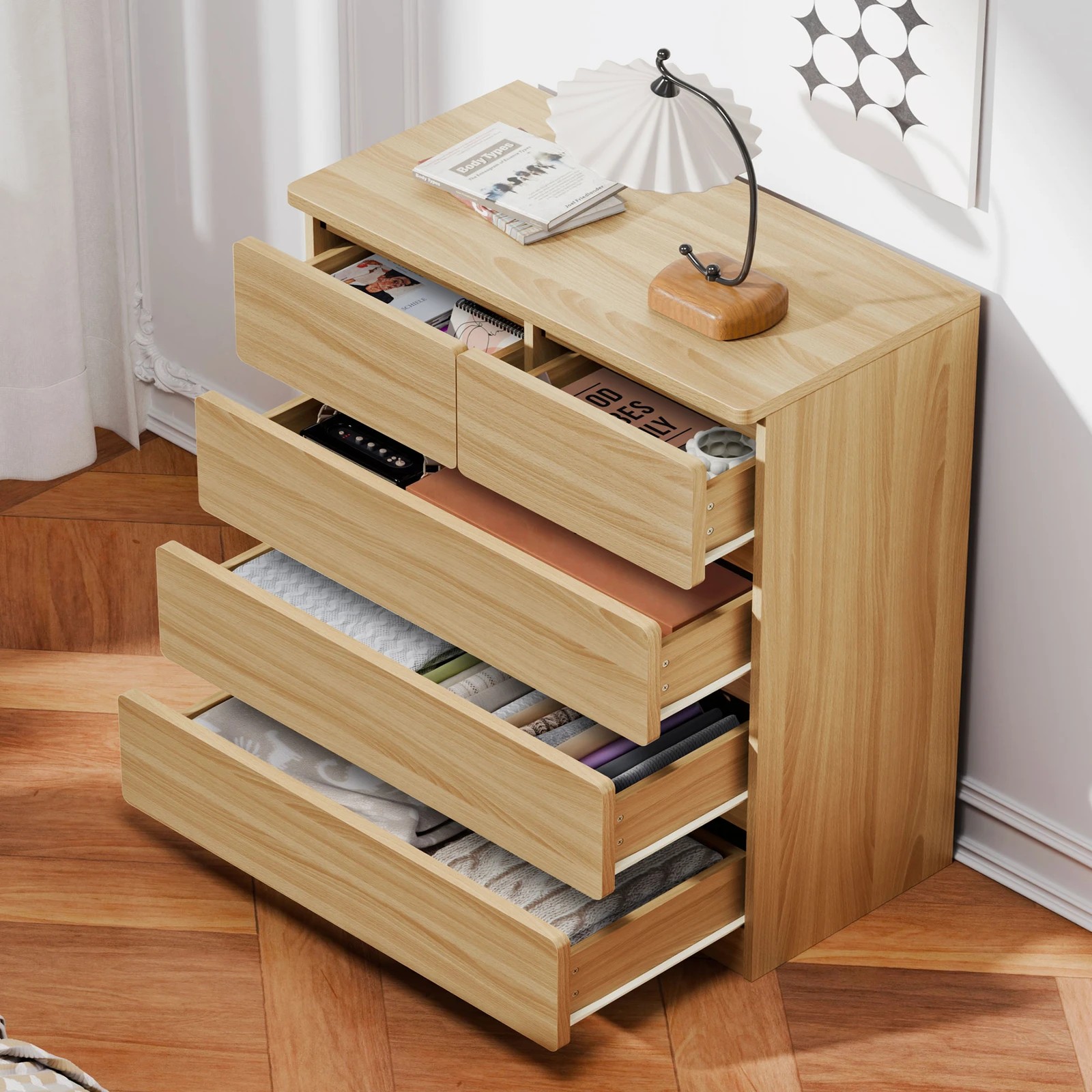 2 Alfordson 5 Chest of Drawers Minimalist Storage Cabinet Dresser - Oak, 2 of 10