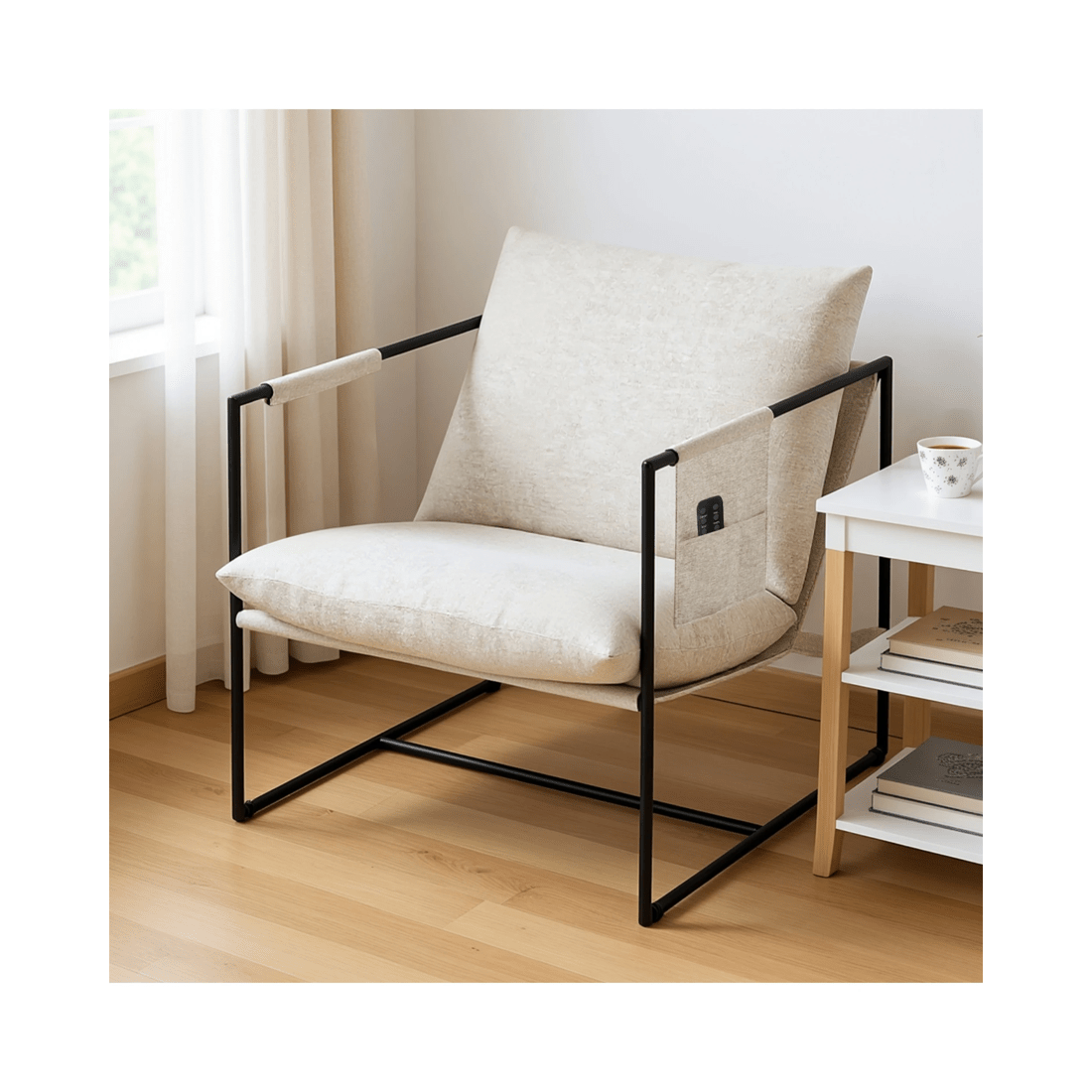 3 Advwin Sling Accent Chair Linen Lounge Chair Armchair with Upholstered Cushions & Side Pocket Beige, 3 of 10