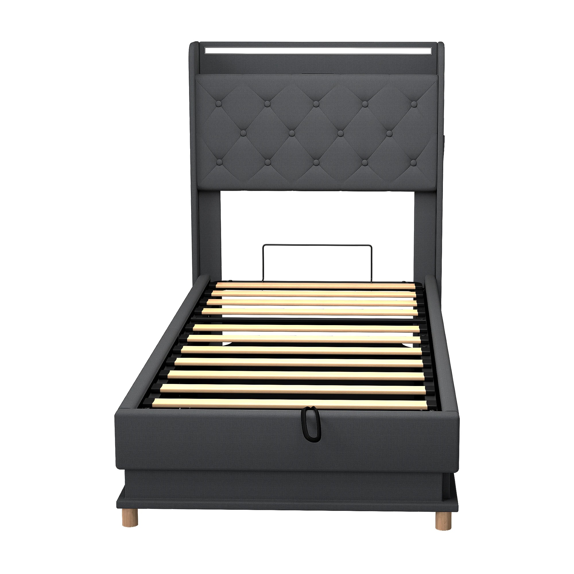 2 Levede Single Bed Frame Fabric with LED and Charging Station - Grey, 2 of 9